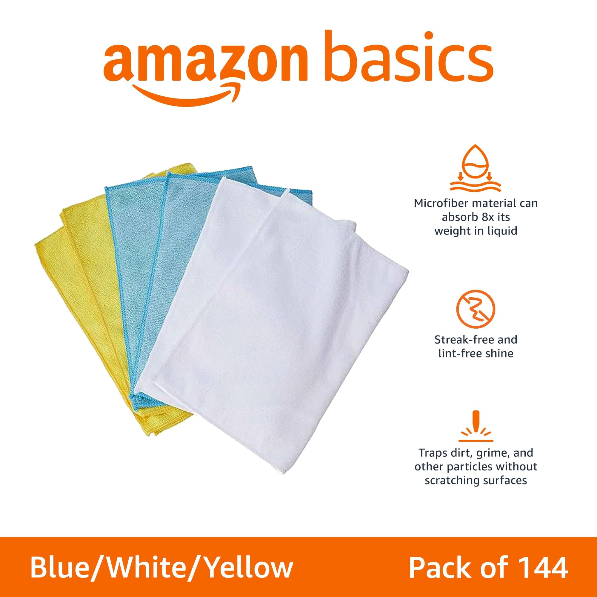 Amazon Basics Microfiber Cleaning Cloths For Cars, Non-Abrasive, Highly Absorbent, Lint Free, Reusable And Washable, Pack Of 144