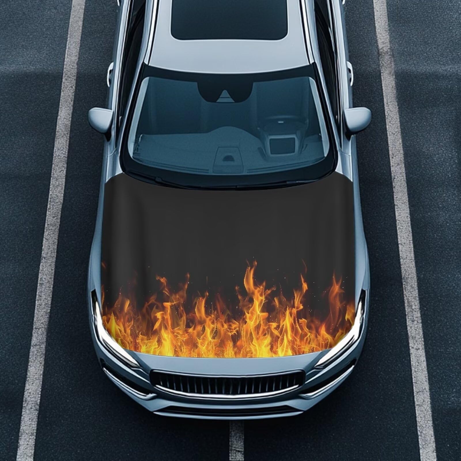 Qiyupavto Bonfire Print Car Hood Cover Elastic Fabric Covers for Car Hood Stretchable Universal Auto Accessories Easy Installati