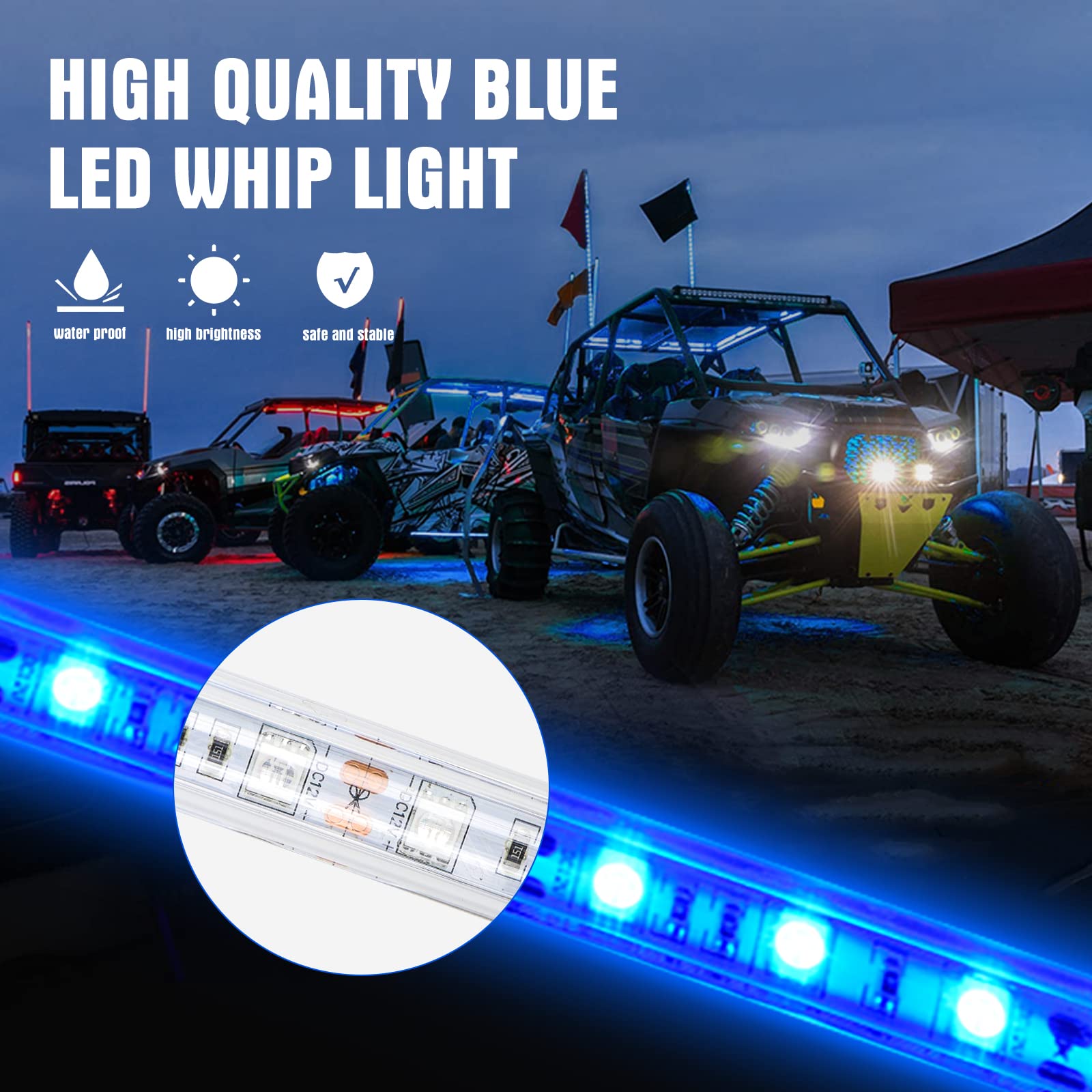 1Pc 1.2M Blue Led Whip Light For Truck, Bestzheyu 4Ft Atv Utv Led Whip Light Antenna Whips For Rzr Polaris Off-Road Sand Dune Buggy 4X4