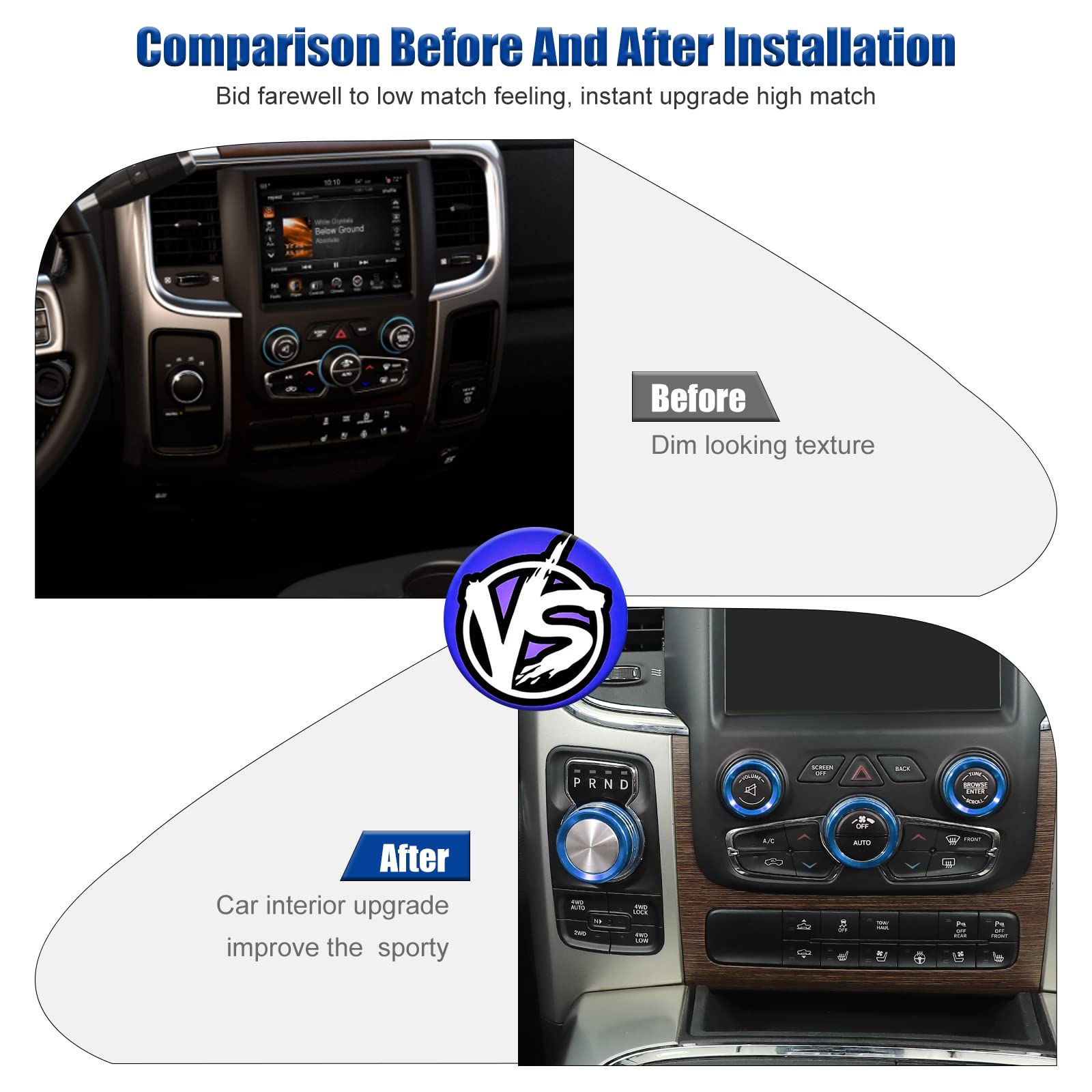 Voodonala for Dodge RAM Air Conditioner Headlight Switch CD Knob Trim for 2013-2017 Dodge RAM Aluminum 5pcs Blue