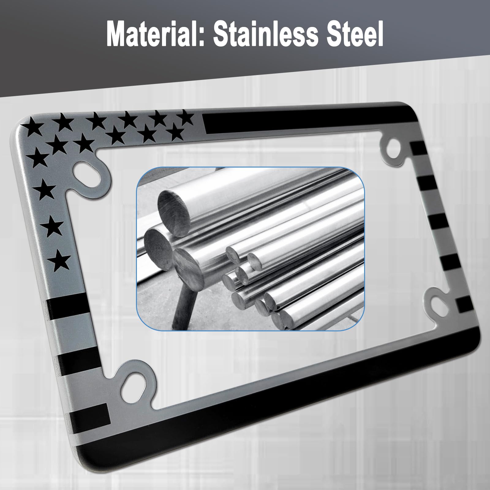 ZXFOOG Motorcycle License Plate Frame American Flag, Stainless Steel Black Tag Holder Bracket with Screws Nuts Caps, 1 Pack for