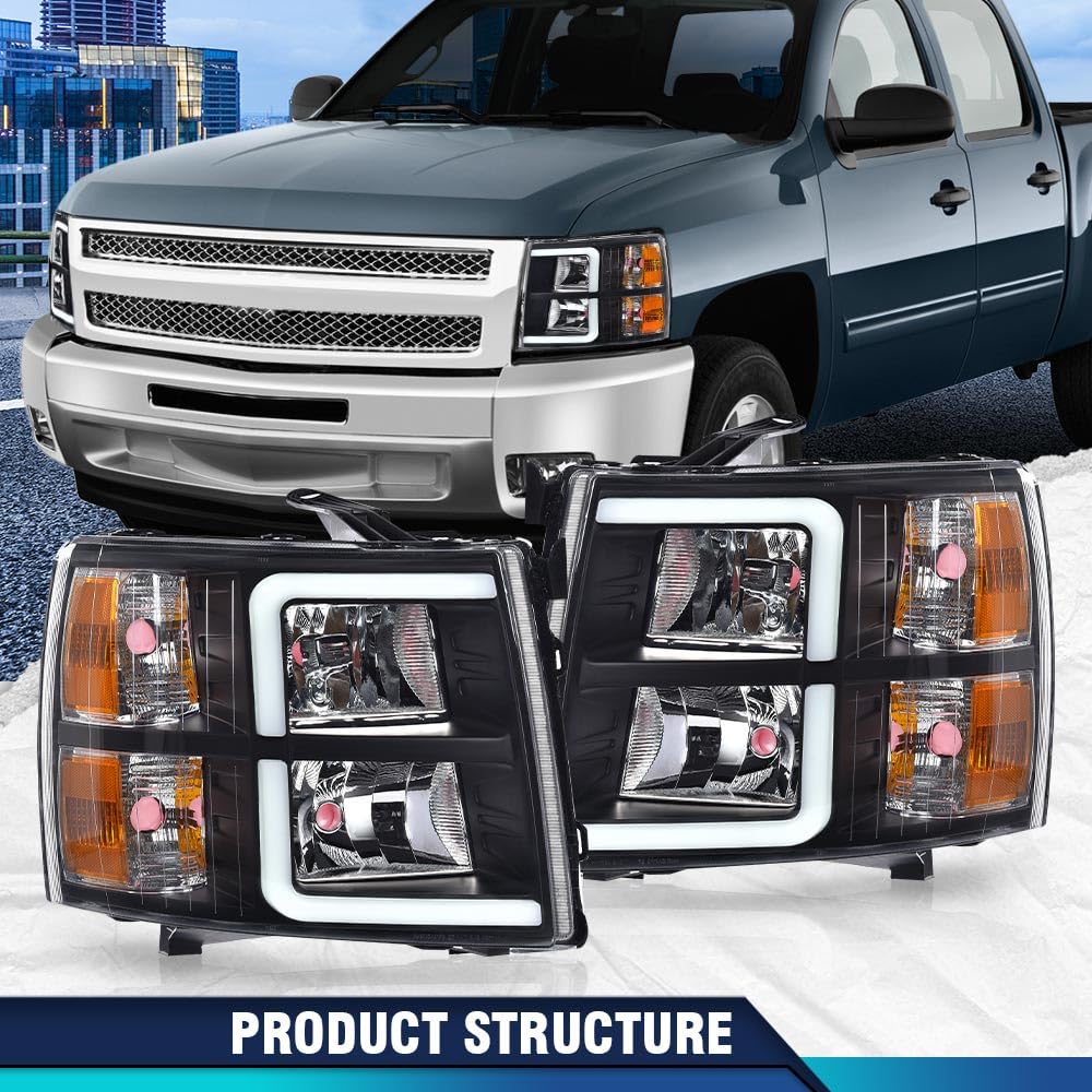 Pit66 Led Drl Headlights Assembly Compatible With Chevy Silverado 1500 2007-2013/2500Hd 3500Hd 07-14 (Not Fit 2007 Old Body Clas