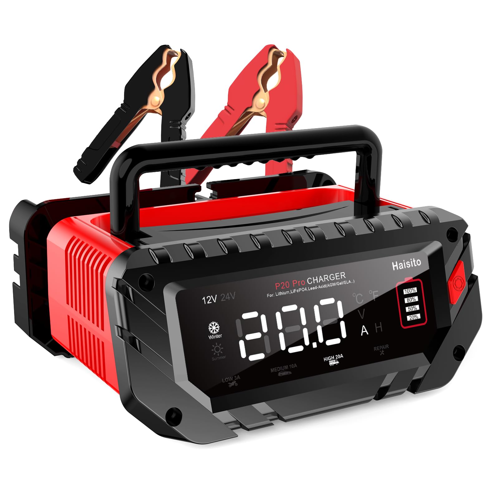 Haisito 20 Amp Lithium Battery Charger, 12V And 24V Lifepo4,Lead-Acid(Agm/Gel/Sla..) Portable Car Battery Charger,Battery Mainta
