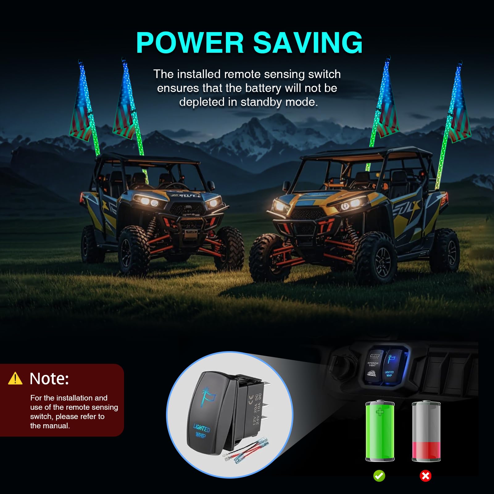 Arnzion LED Whip Lights, 2PCS 3FT Lighted Whips with App & Remote Control, Whip Lights for Side by Side with Turn Light, RGB Cha