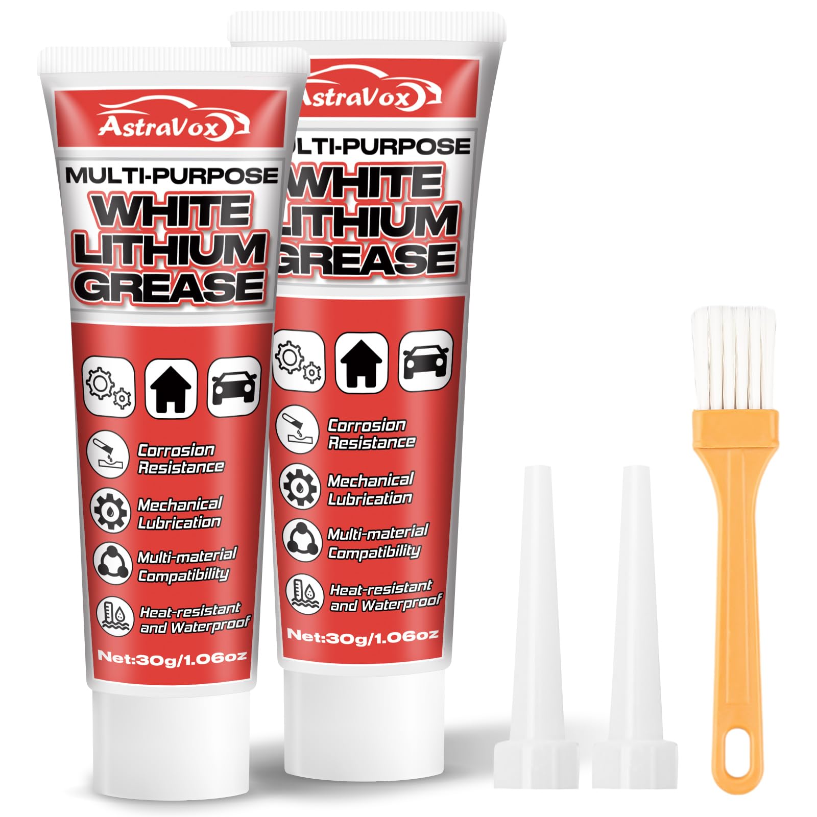 AstraVox White Lithium Grease, Multi-Purpose Lubricant Lithium Grease with Brush for Hinges, Bearings, Gears, and Garage Doors, 