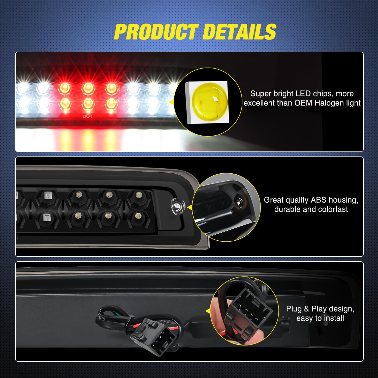Nilight LED Third Brake Light for 2009-2017 Dodge Ram 1500/2500, Smoked Lens, ABS Material, Model NA913