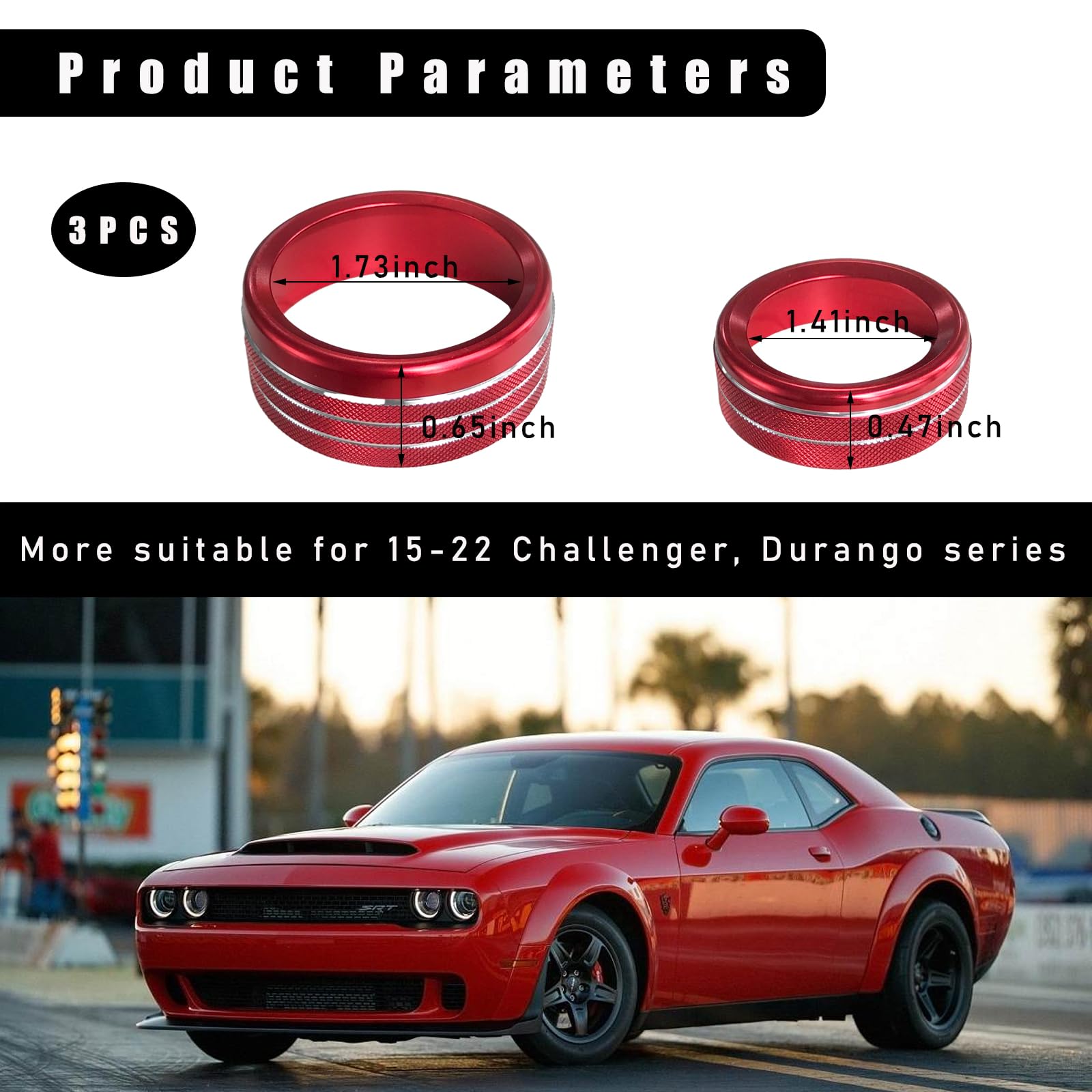 Dickno 3Pcs Air Conditioner Switch Button Knob Cover, Aluminum Alloy A/C Decal Trim Rings Compatible With Challenger Durango 201