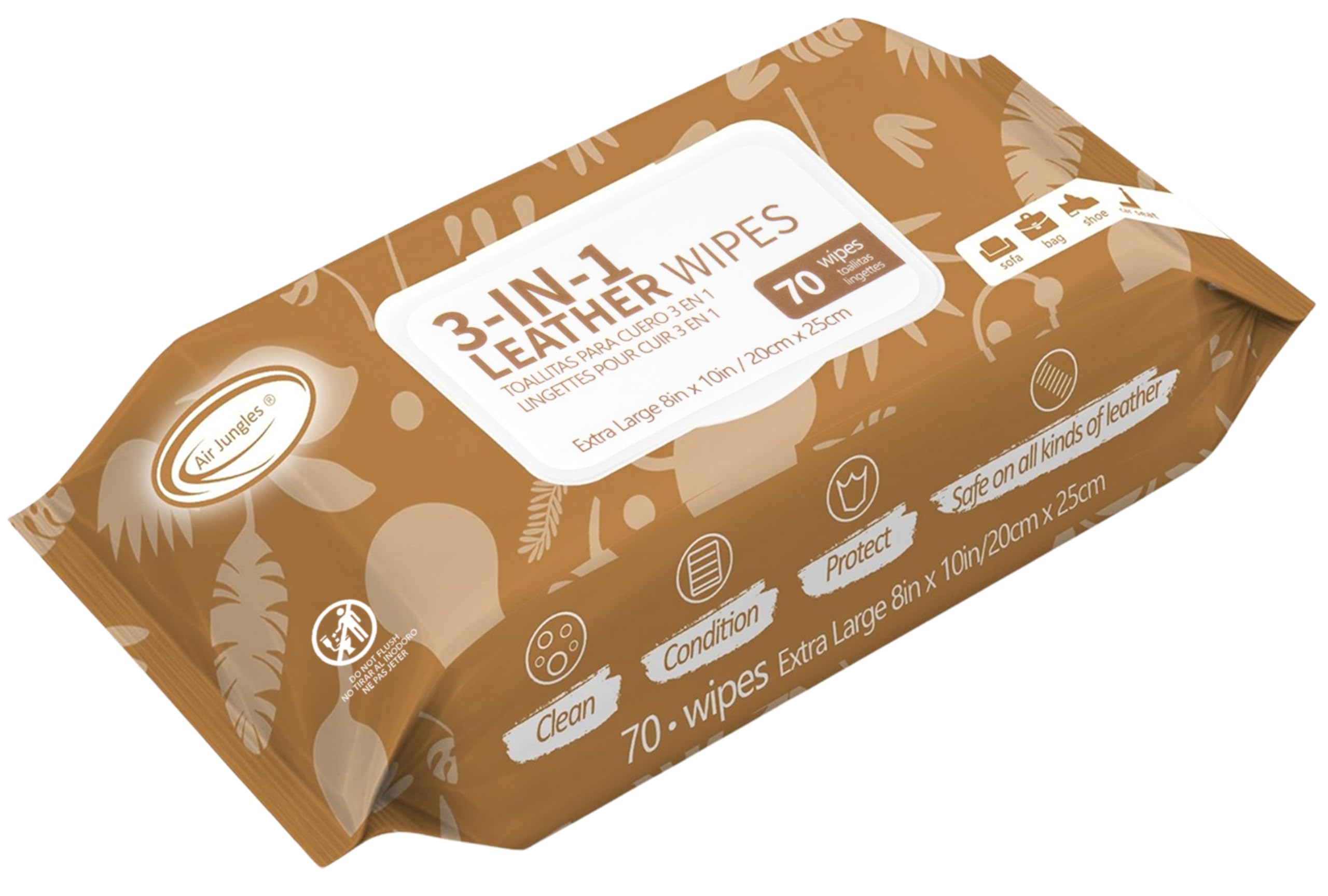 Air Jungles 3in1 Leather Cleaner Wipes - Extra Large 8" x 10", 70 Count, Ideal for Vinyl, Furniture, Auto Interior, Shoes, and Bags