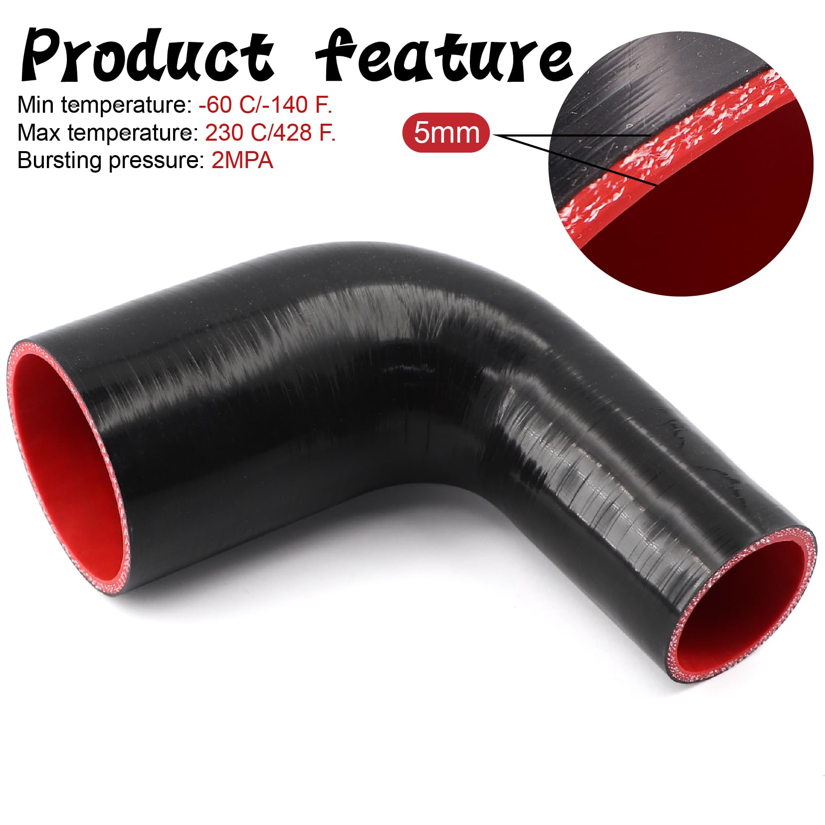 TuoLauthon ID 2 '' to 3 '' 90 Degree Elbow Coupler Reducer Silicone Hose with 2 T-Bolt Clamps for Turbo/Intercooler/Intake Pipin