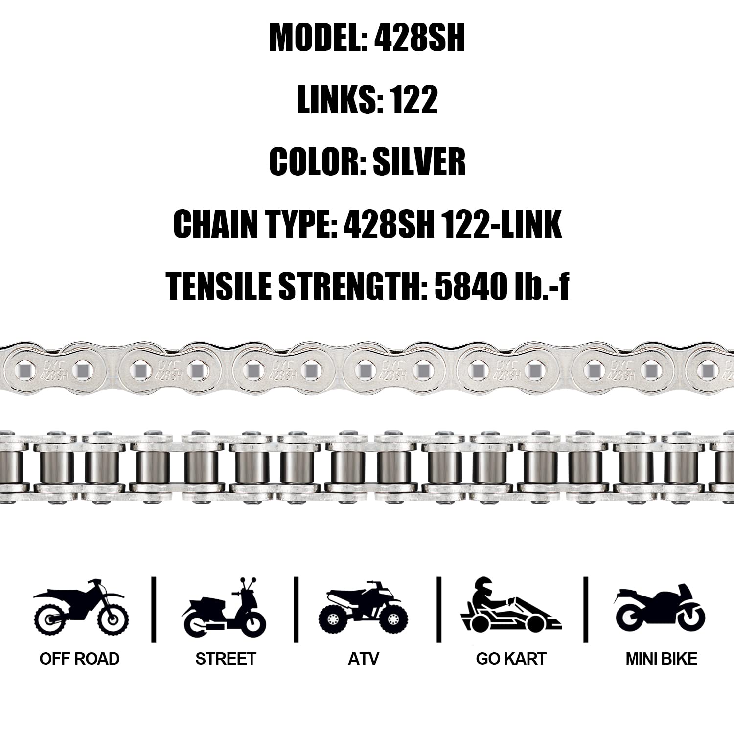 Dyc 428H Motorcycle Chain 122 Links (Bright Nickel Plating) W/Chain Breaker, Heavy Duty 428 Chain For 125-200Cc Mini Bike Dirt B