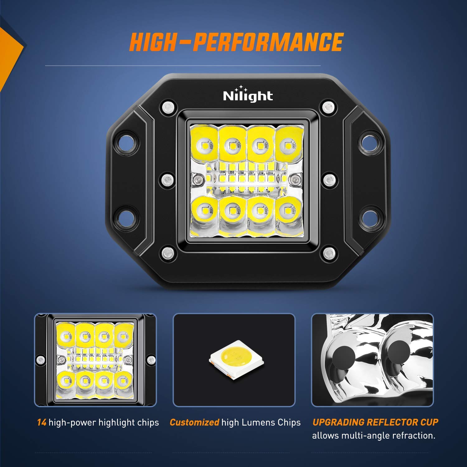 Nilight 2Pcs 42W Flush Mount Led Pods Spot Flood Combo Beam Driving Light Backup Light Reverse Light Grill Mount Light With Wiri