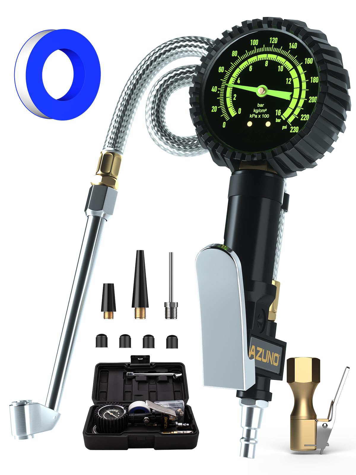 Azuno Heavy Duty Tire Pressure Gauge, Tire Inflator Gauge 230Psi Air Chuck Air Compressor Attachments, With Steel Braided Hose,