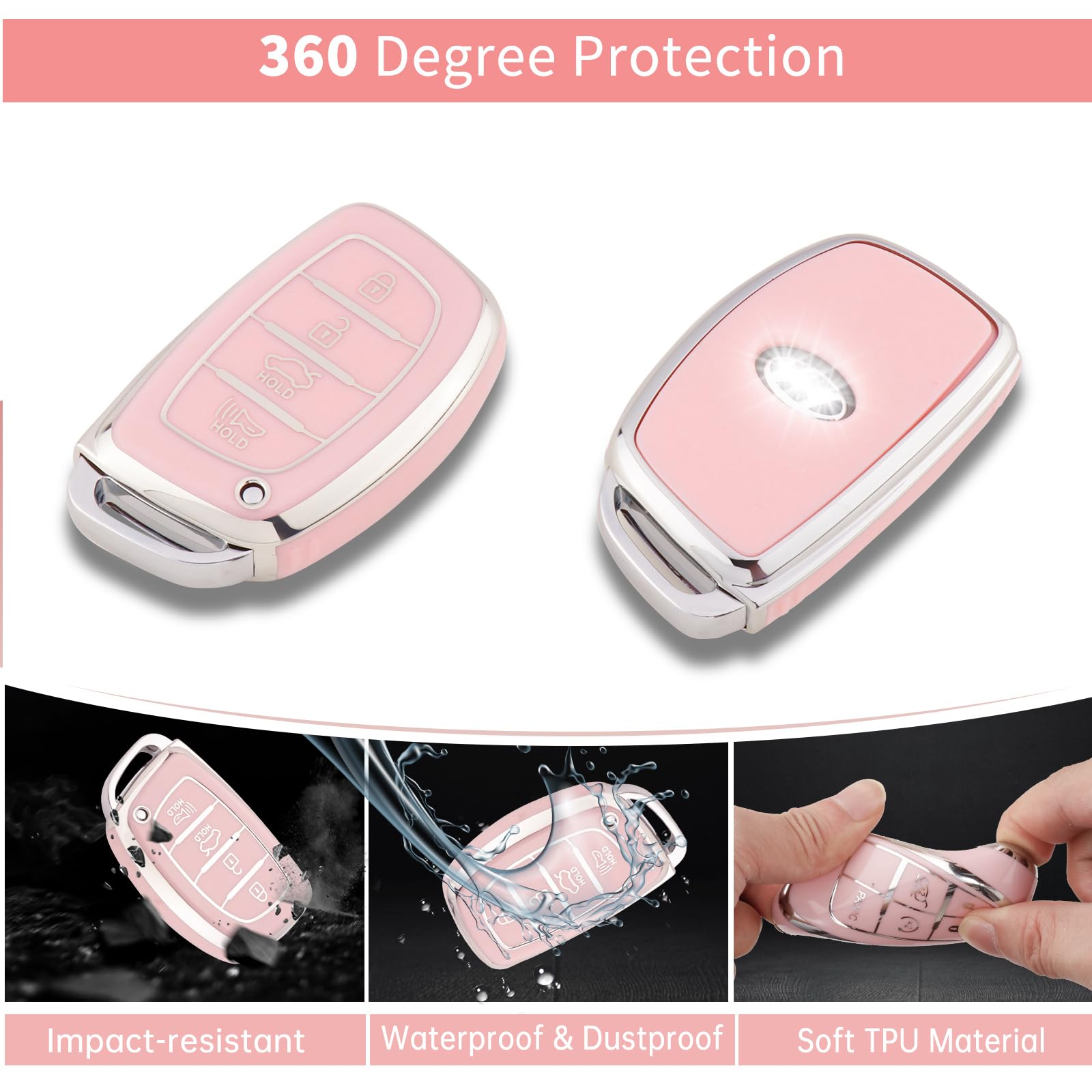 Pangpai Pink Key Fob Cover for Hyundai, Soft TPU Key Case Protection with Bling Keychain Fit for lantra Ioniq Sonata Tucson Elan