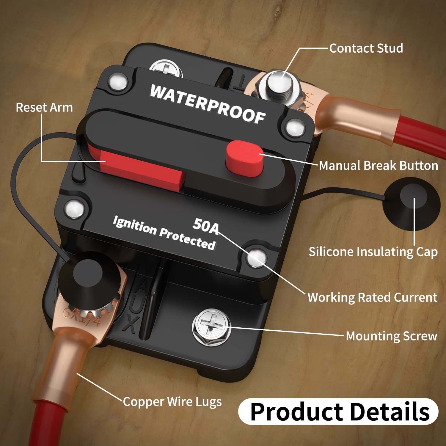 DaierTek 50 Amp Circuit Breaker, Waterproof Marine Circuit Breaker 12V 24V 48V Resettable Inline Fuse Switch, 12 Volt 50A Breake