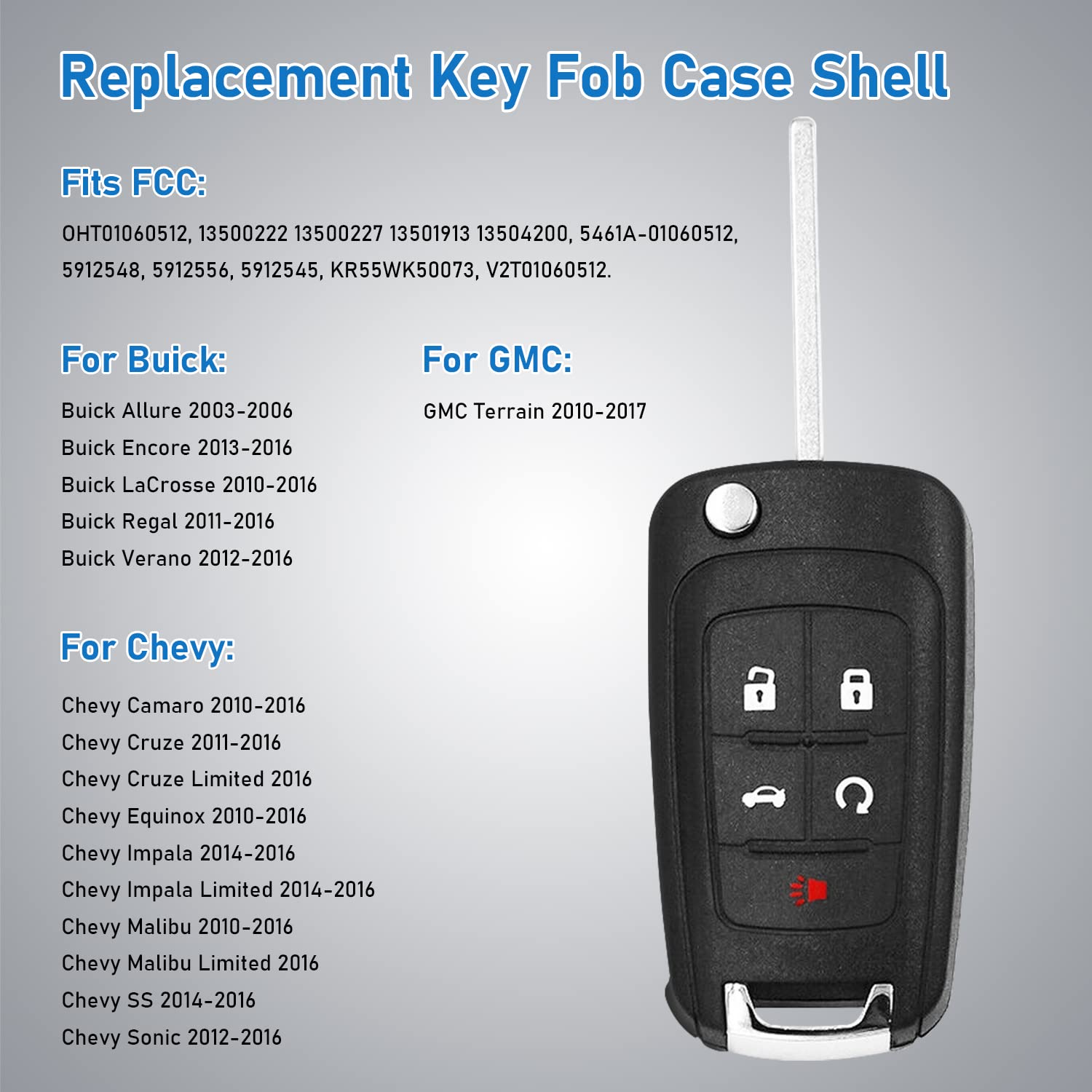 Cauormote Key Fob Shell Case For Chevy Camaro Cruze Equinox Impala Malibu Sonic Gmc, Oht01060512 315Mhz, 2 Pack(Shells Only)