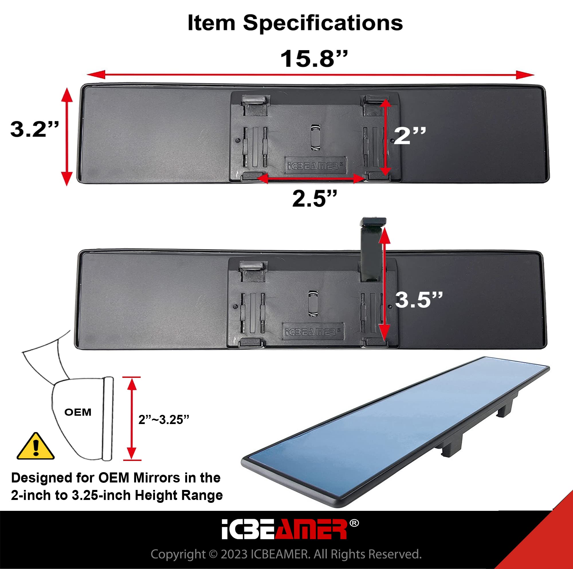 Icbeamer 15.8 Inch Car Rearview Mirror, Panoramic Wide Angle, Hd Blue Tint Glass, Interior Clip On Flat Car Mirror, Anti Glare,