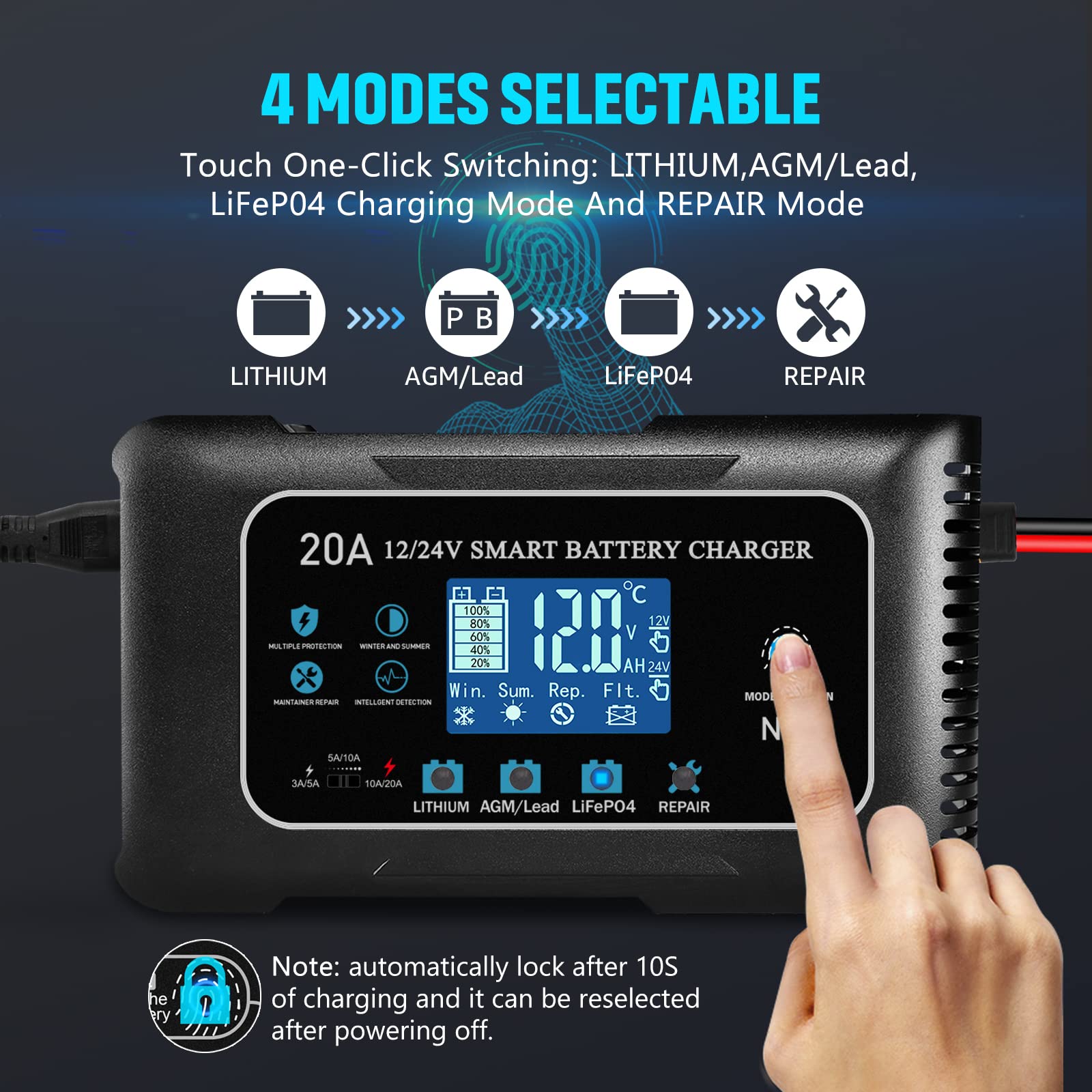 20-Amp Lifepo4 Lithium Agm Gel Smart Battery Charger, 12V/20A 24V/10A Trickle Charger, Maintainer For Car Boat Motorcycle, Lawn Mower