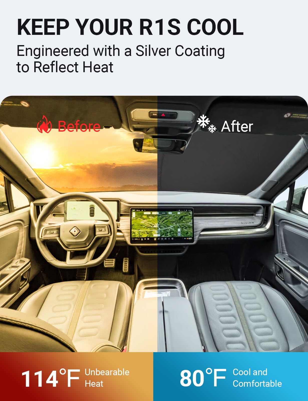 Proadsy 2025 Upgrade Windshield Sun Shade Custom Fit Rivian R1S 2022-2025 4-Layer Foldable Front Sunshade Protector Sun Visor Bl