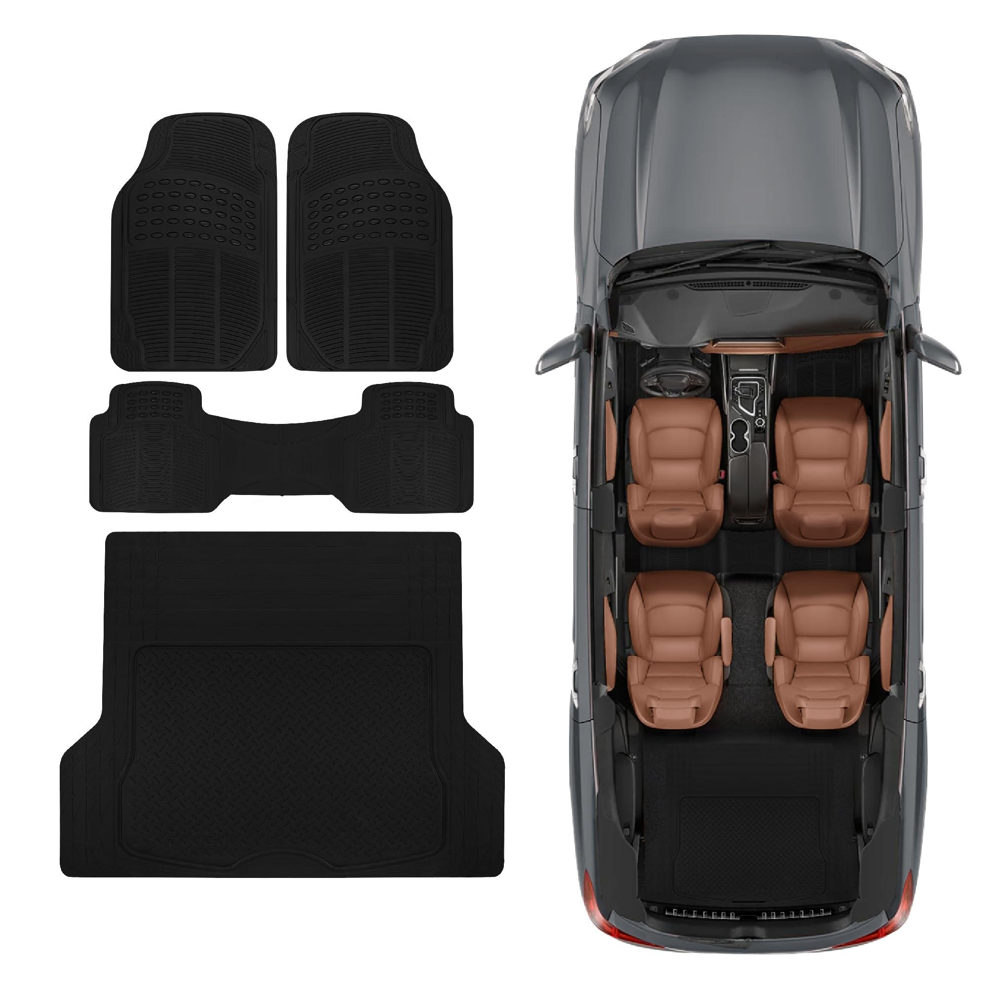 Bdk Proliner All Weather Rubber Auto Floor Mats And Trunk Cargo Liner - Front & Rear Heavy Duty Set Fit For Car Suv Van And Truc