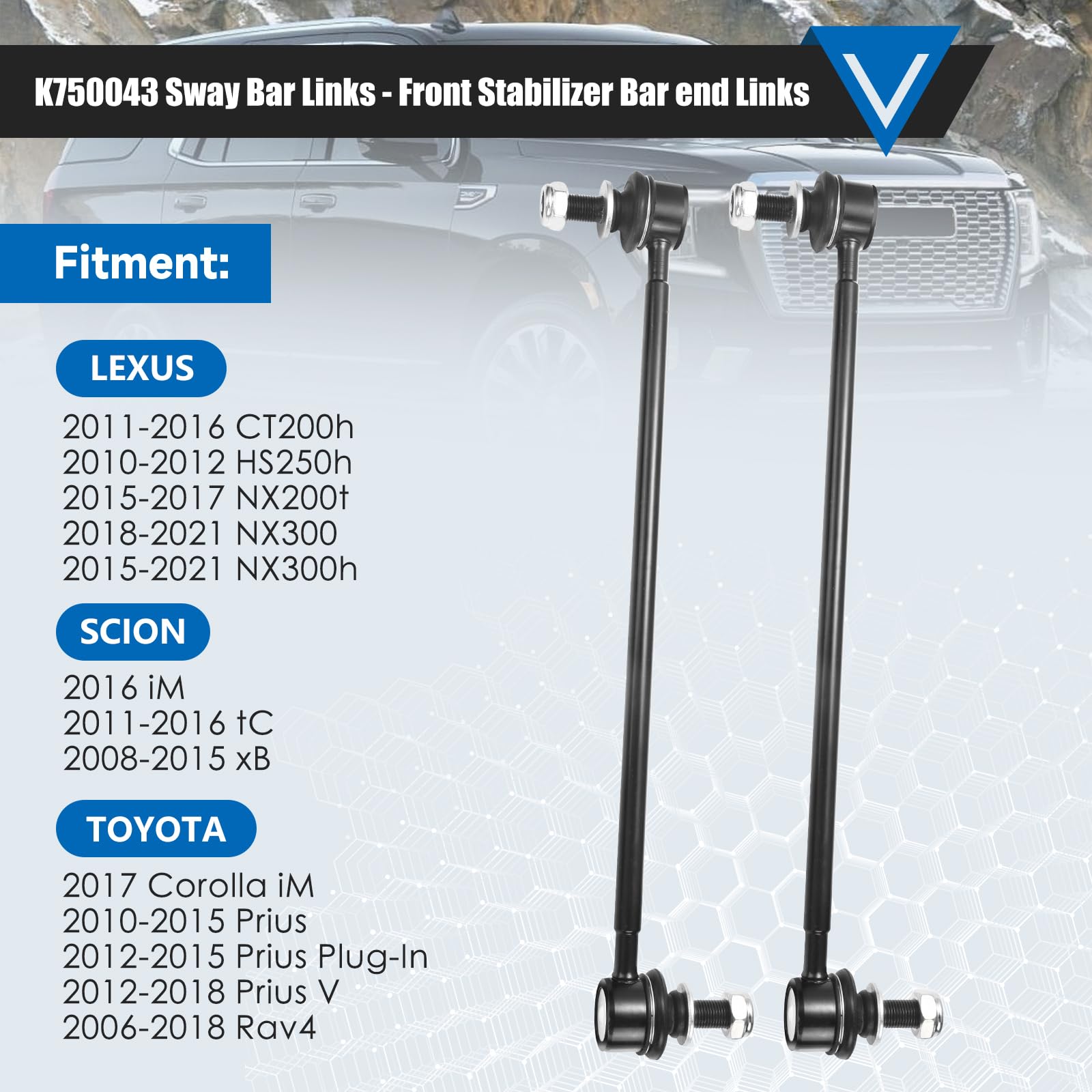 K750043 Sway Bar Links - Front Stabilizer Bar End Links Fit For Ct200H Hs250H Nx200T Nx300H 2010-2017 Scion Im Tc Xb 2008-2016, Corolla Im Prius Prius Plug-In Prius V Rav4 2006-2018
