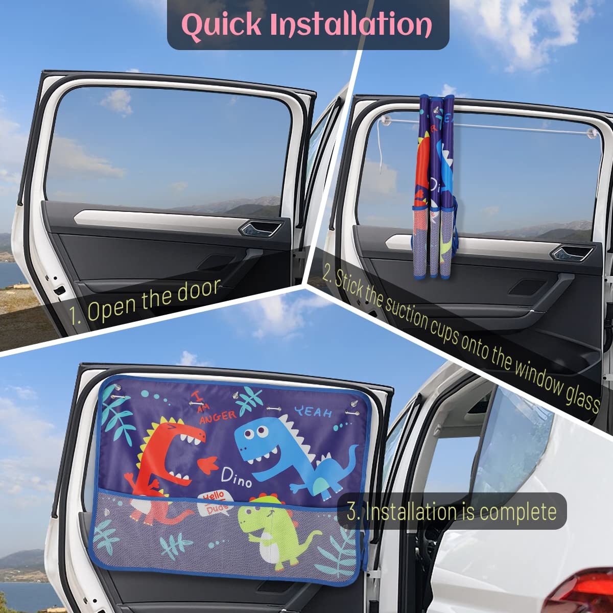DIZA100 Car Window Shade for Baby, 2 Pack Car Sun Shades with Storage Net Pocket Car Window Curtain 7 Suction Cups Blue Dinosaur