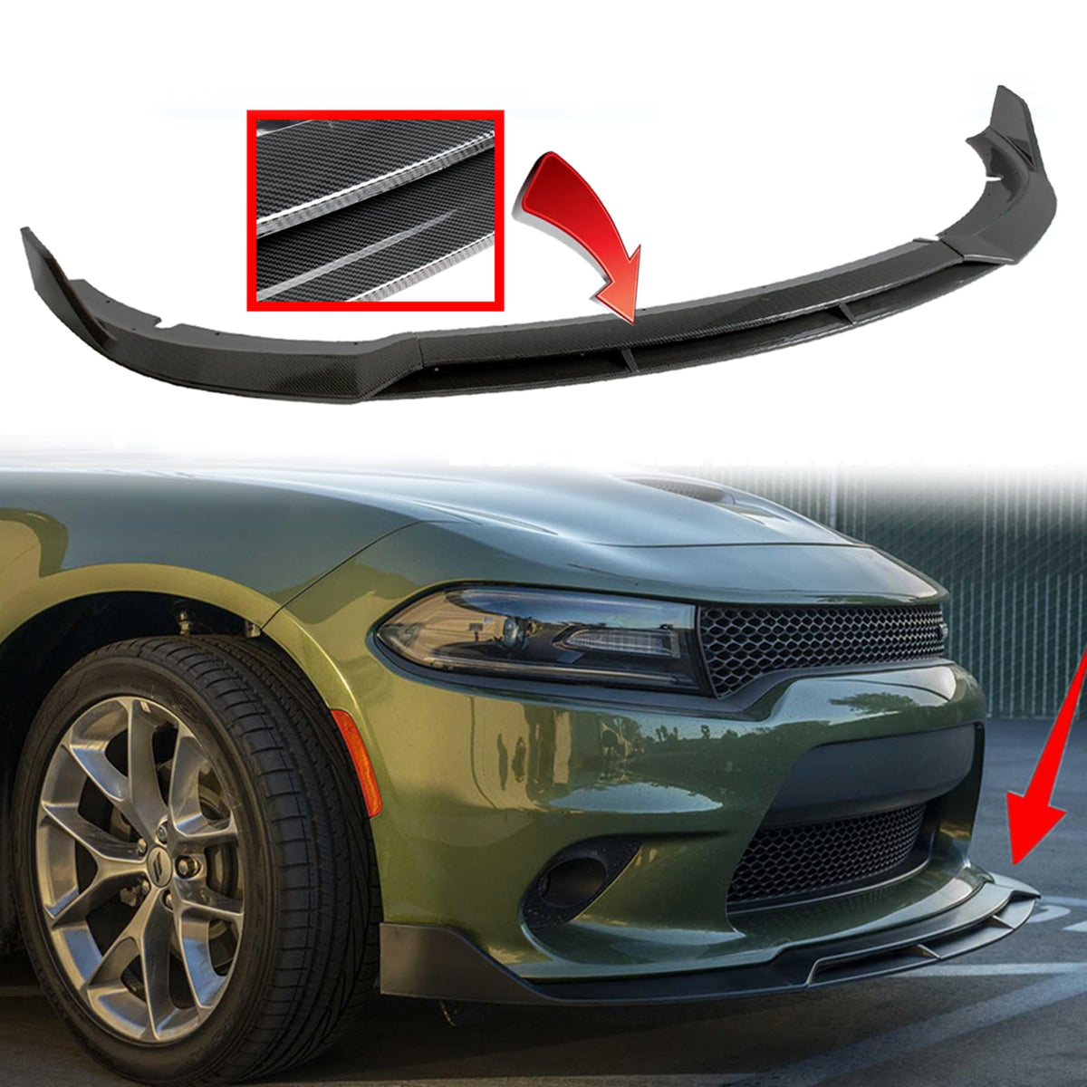 MUTUSAISI Front Bumper Lip SRT-Style Carbon Fiber Look Spoiler Splitter Compatible with Dodge Charger 2015-2023 SRT/Hellcats/Sca
