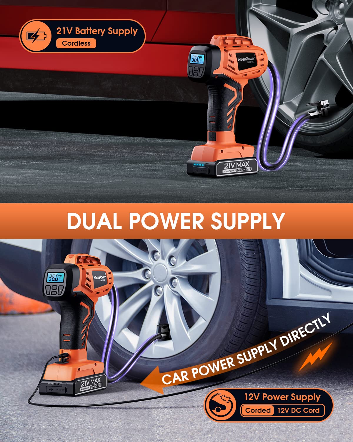 Keenpower Tire Inflator Air Compressor, 21V Cordless Car Tire Pump With Rechargeable Li-Ion Battery, 12V Car Power Adapter, Digi