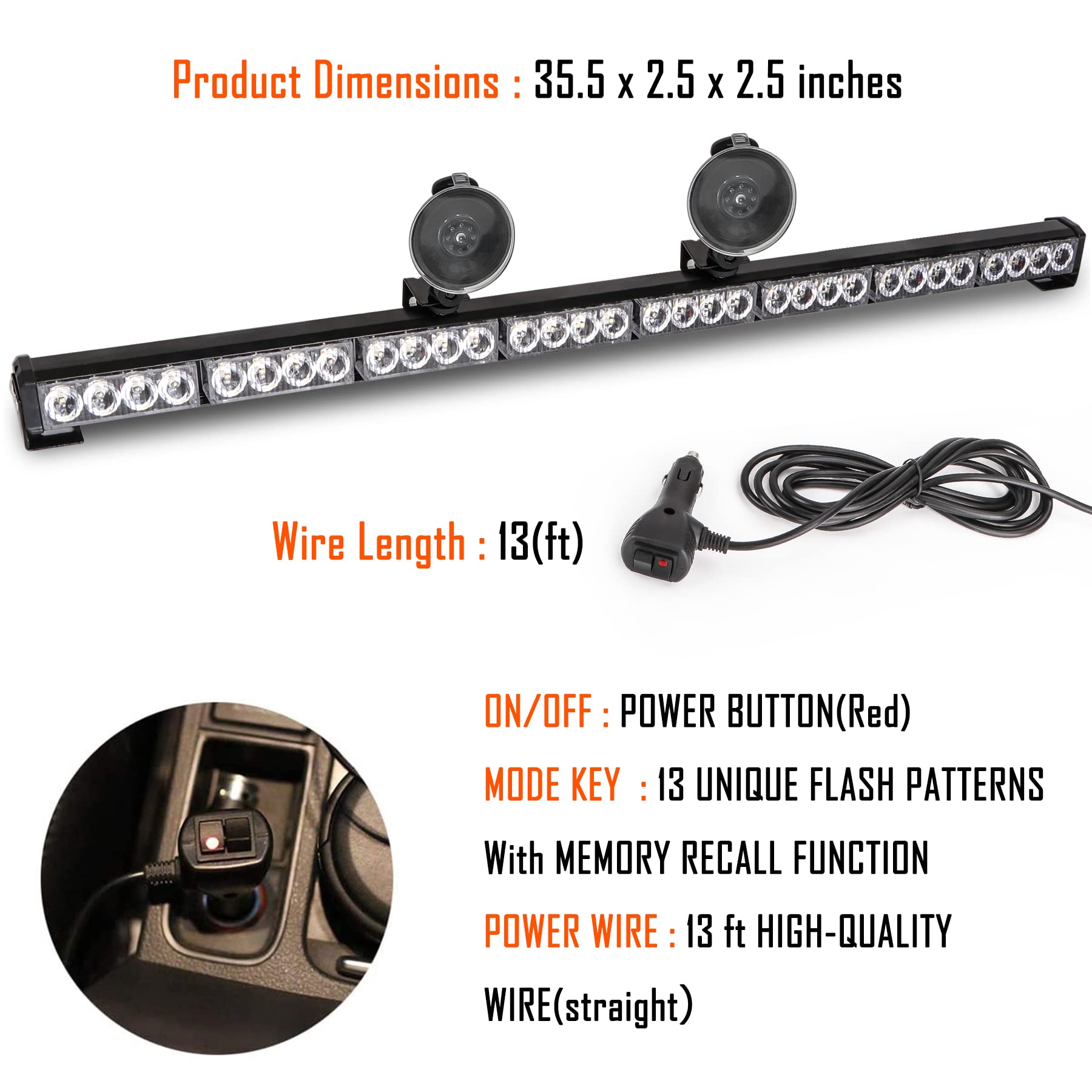 Led Strobe Light Bar 35.5 In 13 Flash Patterns 32 Led Warning Lights Emergency Traffic Advisor Directional Hazard Warning Flashi