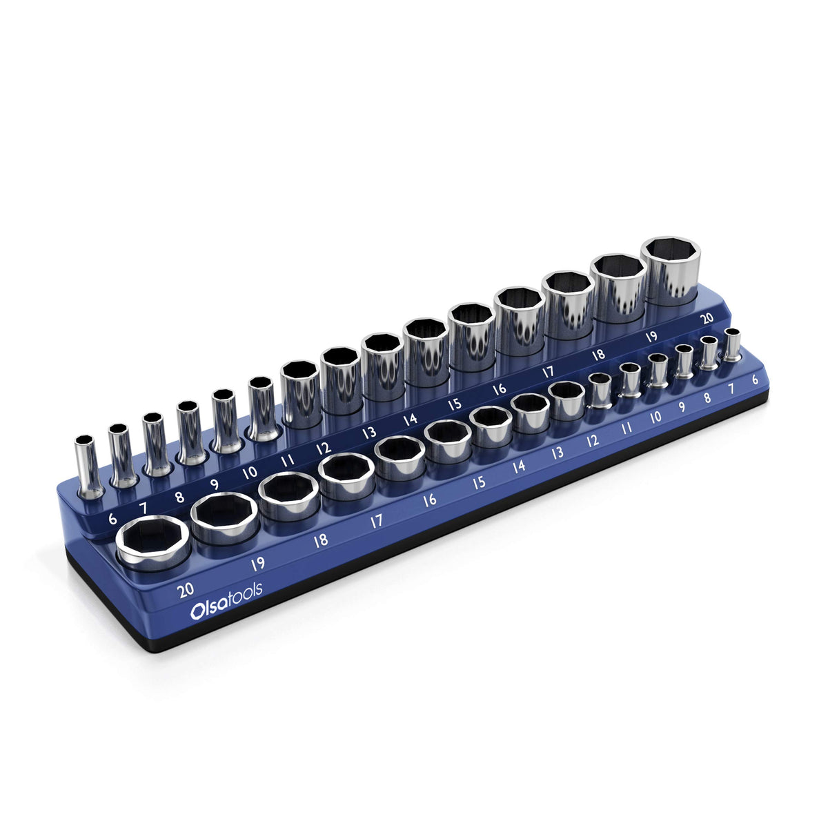 Olsa Tools Magnetic Socket Holder  3/8-Inch Drive  Metric  Blue  Holds 30 Sockets  Professional Quality Tools Organizer