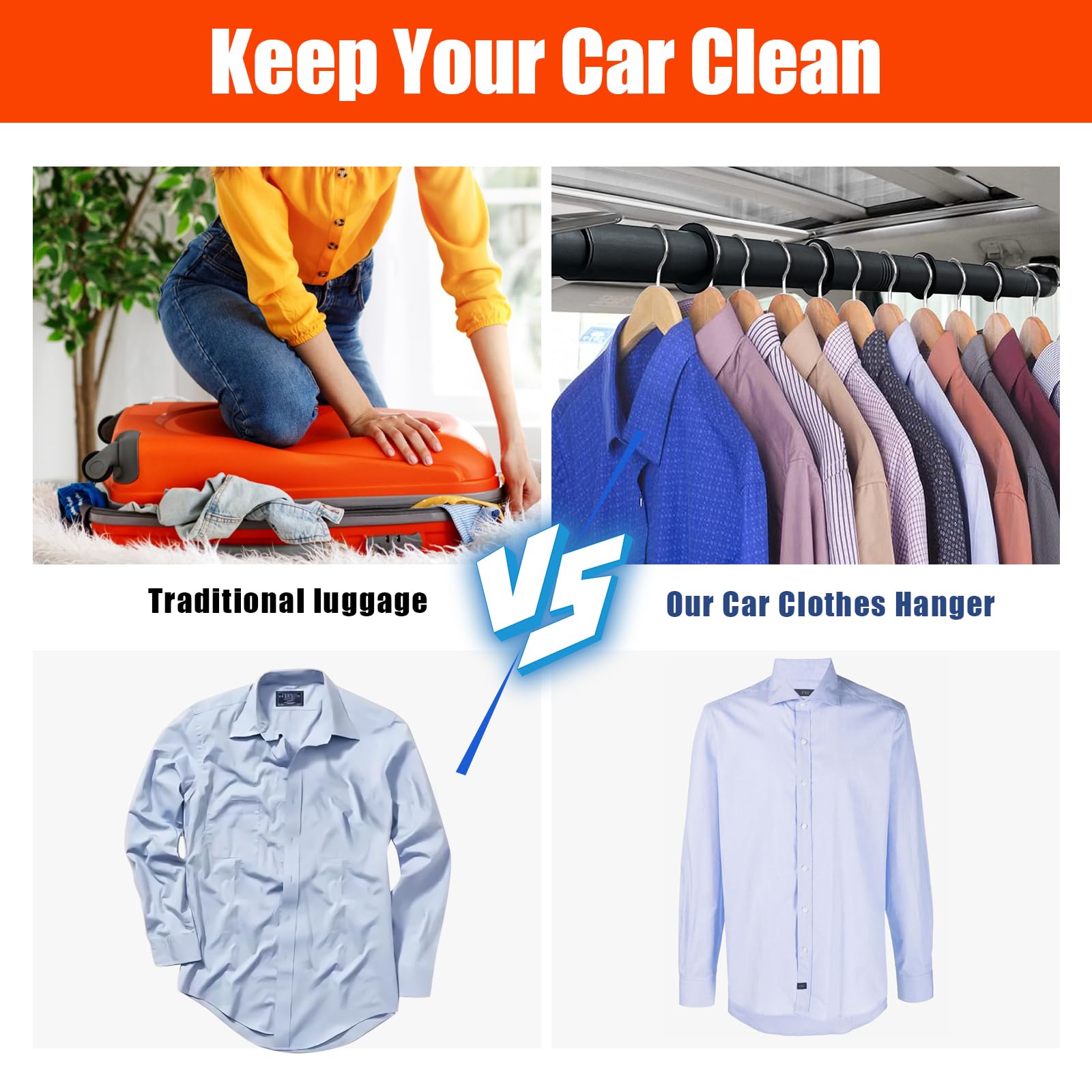 Car Clothes Hanger Bar, 30-63 Inches Expandable Heavy Duty Car Clothes Rack For Car Travel - Adjustable Clothes Storage Hanger A