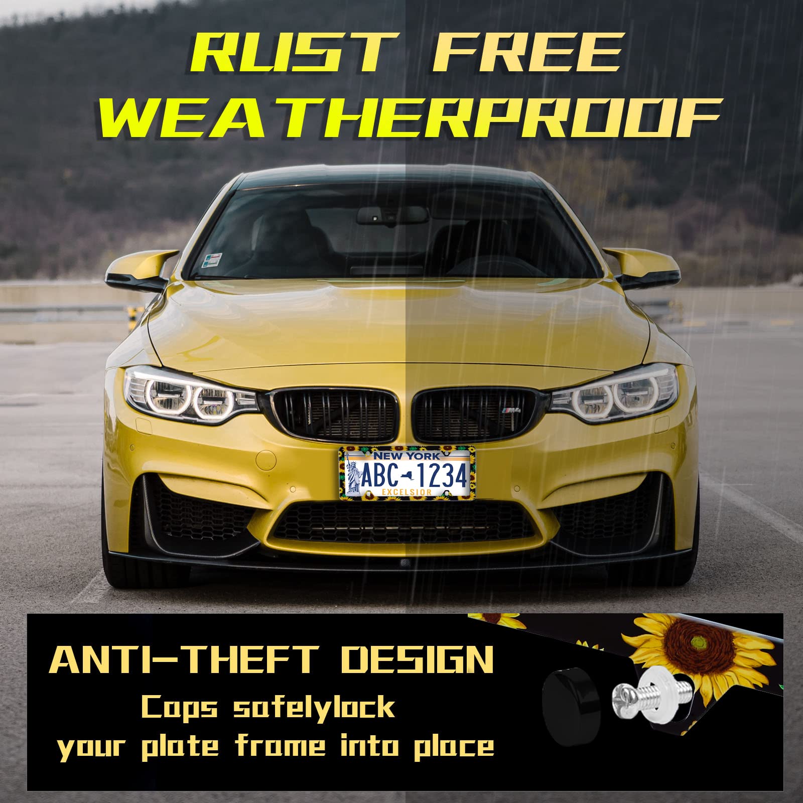 ?2Pcs? Sunflower Flowers Green Leaves Watercolor License Plate Frame Stainless Steel Car License Plate Frame Accessory Car Plate