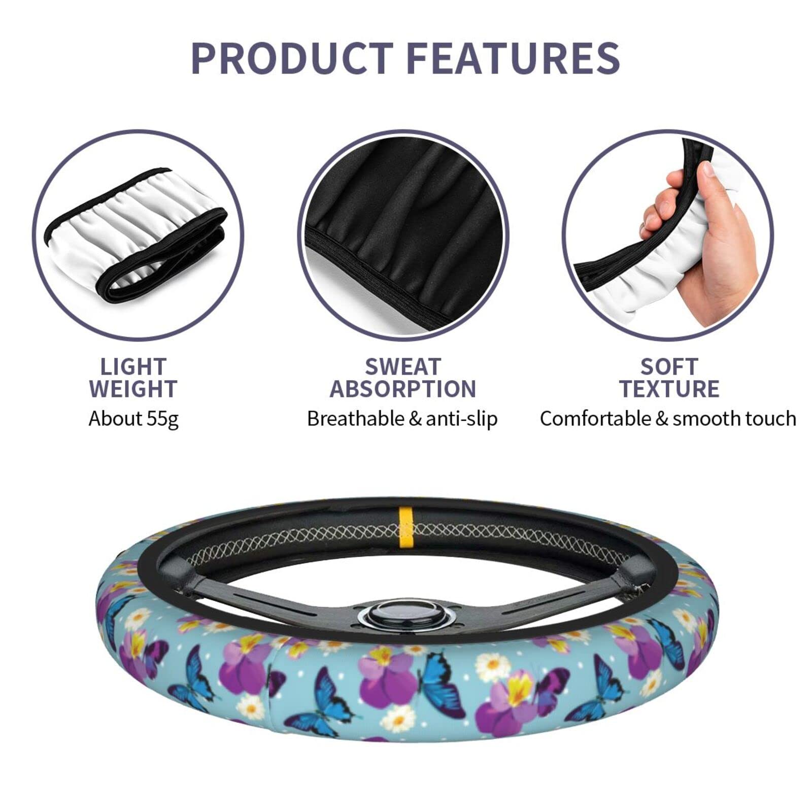 Blue Butterfly Steering Wheel Cover for Women Men with 2 Pcs Car Coasters, Universal 14.5-15 Inch Cute Steering Wheel Covers Non