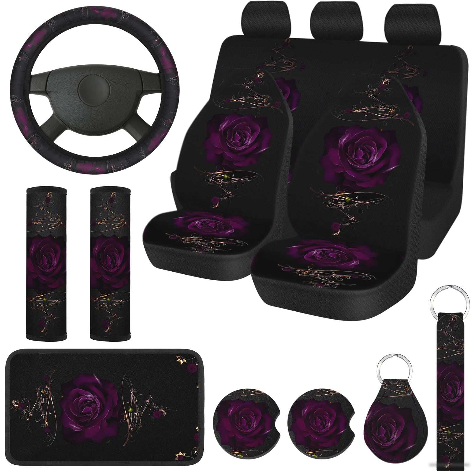 Tallew 15 Pcs Rose Flower Car Seat Covers Set for Women, Universal Full Set with Rubber Steering Wheel, Armrest, Seatbelt Covers