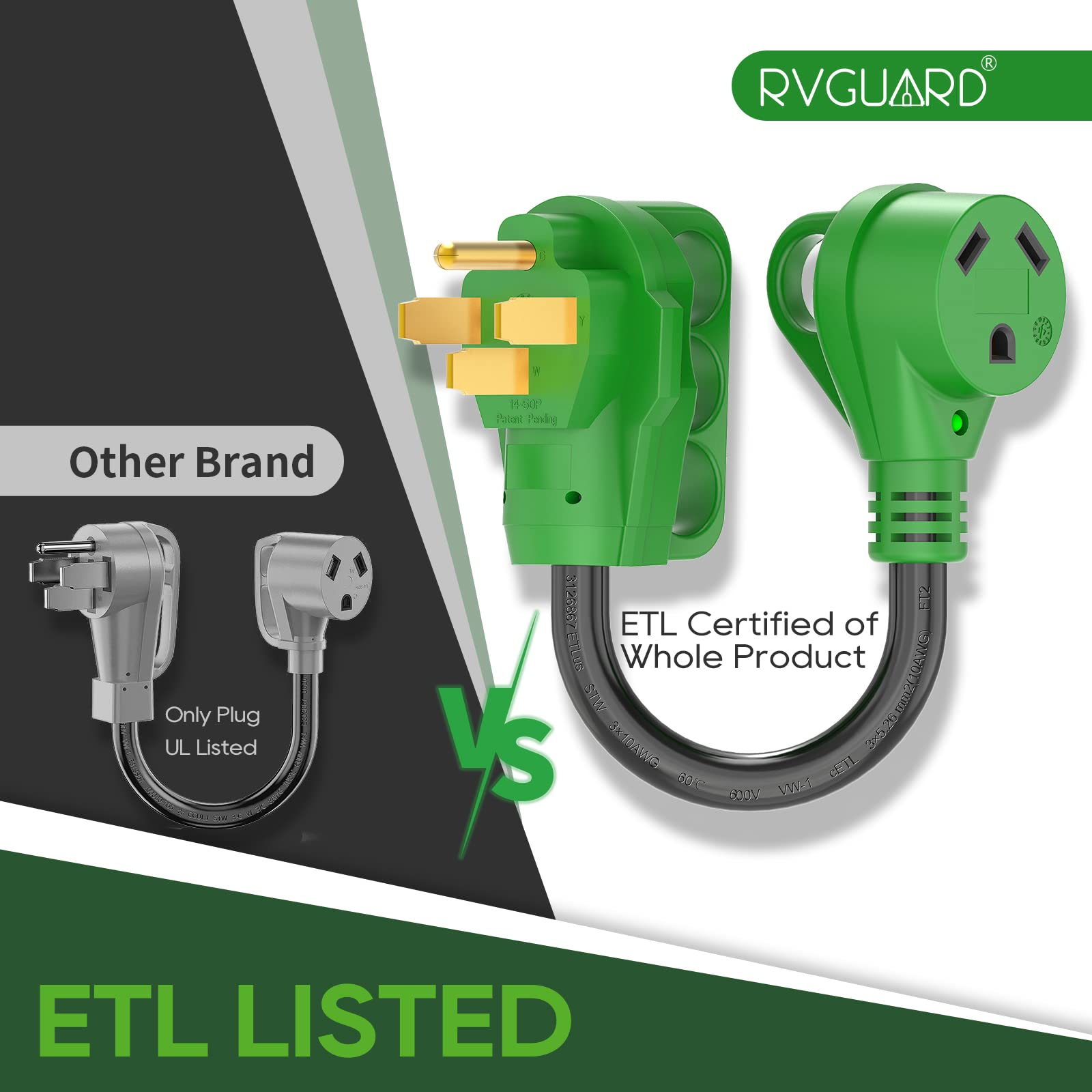 Rvguard 50 Amp To 30 Amp Rv Adapter Cord 12 Inch, Nema 14-50P To Nema Tt-30R, Dogbone Electrical Converter With Led Power Indica