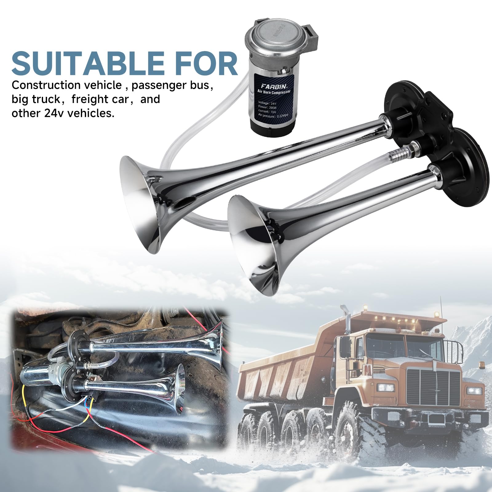 Farbin Car Horn 24V 150Db Super Loud Air Horn Kit, Chrome Zinc Dual Trumpet Train Horn With Compressor And Wire Harness, For Any