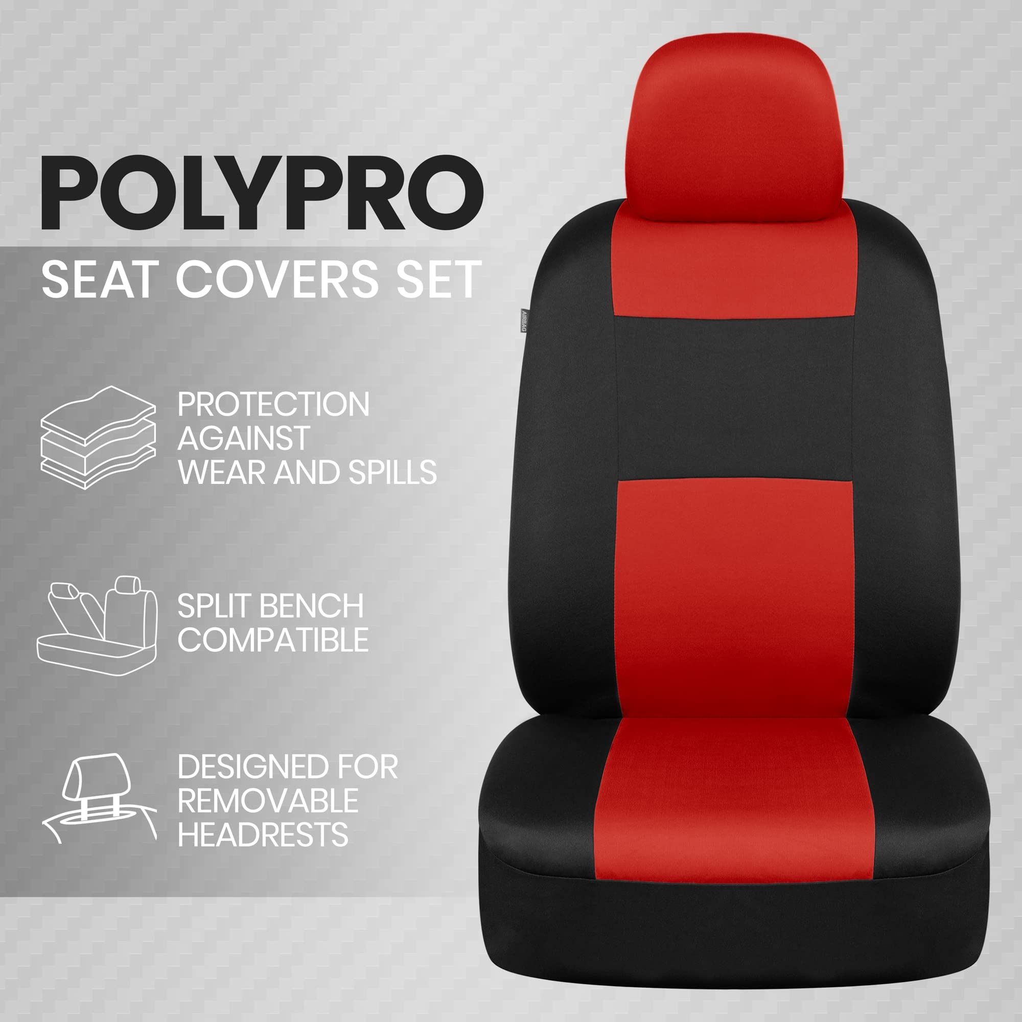 Bdk Polypro Car Seat Covers Full Set In Red On Black - Front And Rear Split Bench Seat Covers, Easy To Install, Accessories For Auto Trucks Van Suv