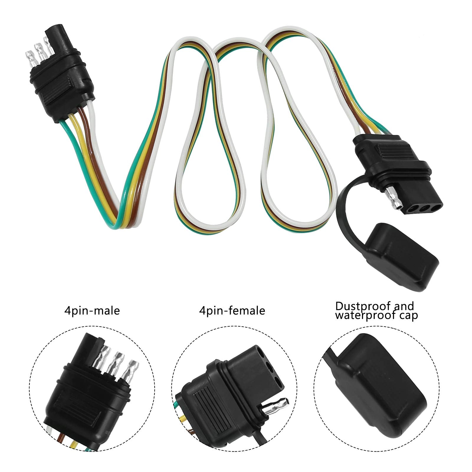 Hoypeyfiy Trailer Light Wiring Harness Kit,4 Wires 4-Way Plug 4 Pin Flat Wire Extension Male & Female Connector 32' Inch Long