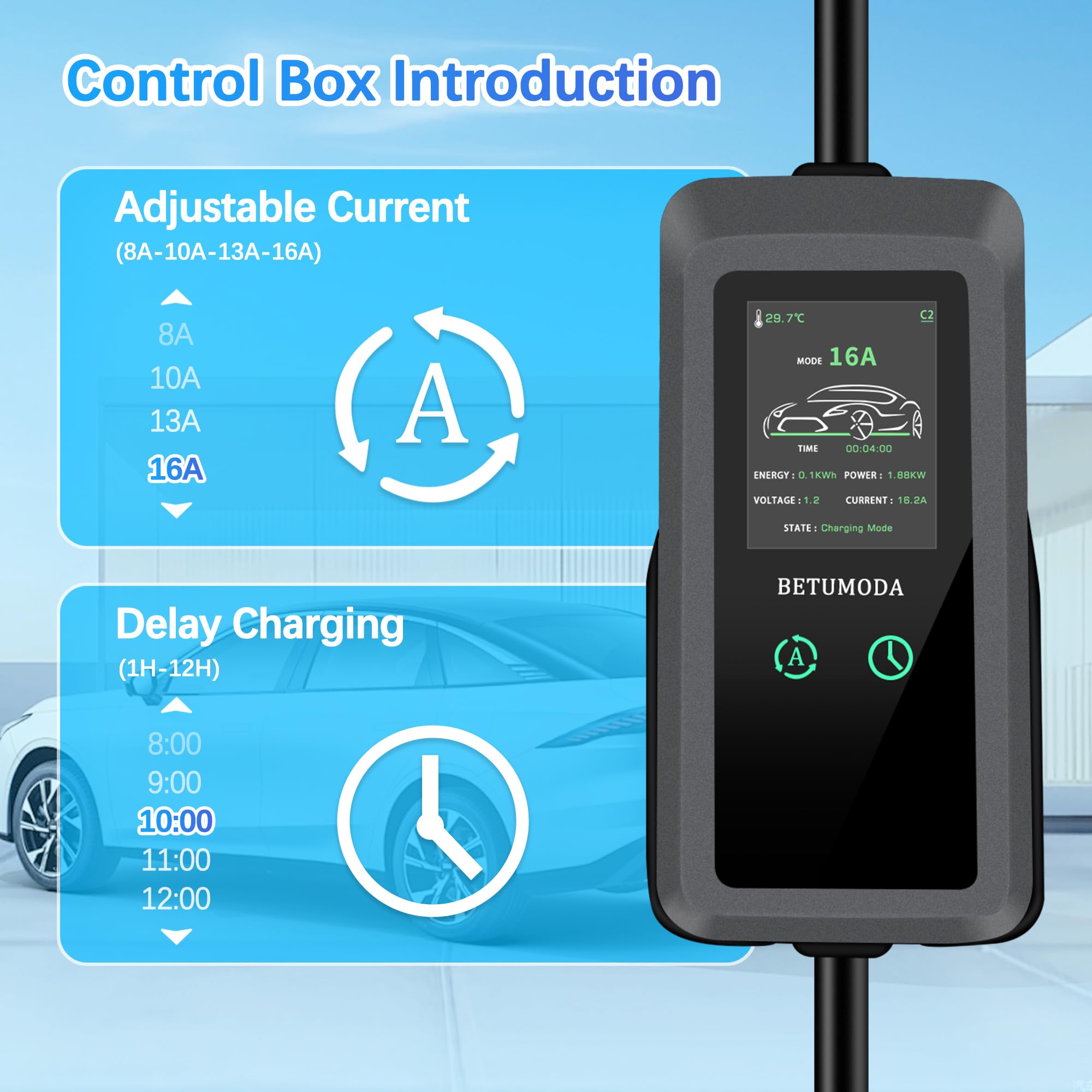 Portable Level 1&2 EV Charger, 16Amp Adjustable Current, Wallbox for Home/Travel, 110V/240V, NEMA 5-15&6-20 Plugs, 24.99FT Cable