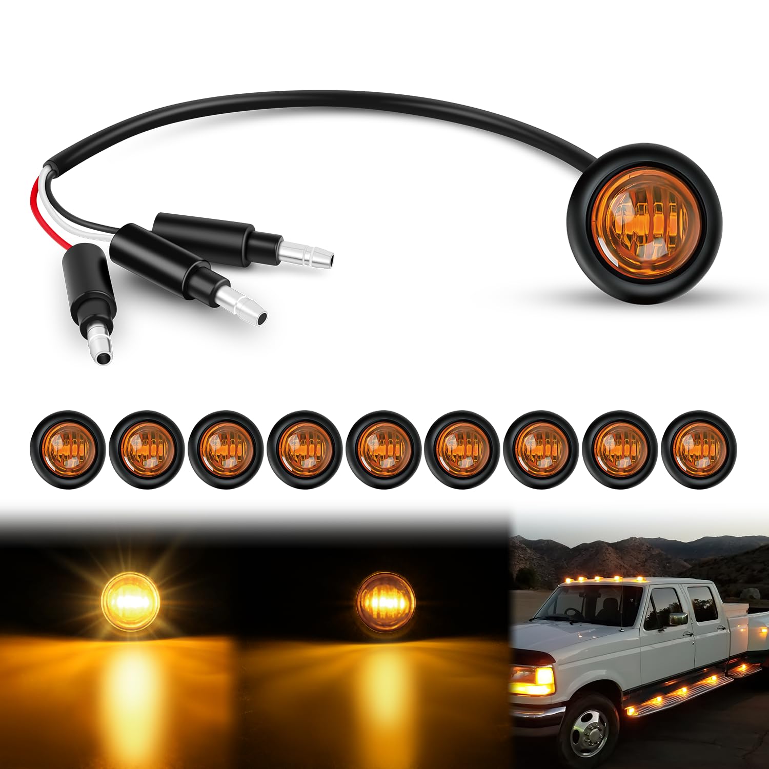 Nilight 3/4Inch Round Marker Light 10Pcs Amber Led Turn Signals 3 Connectors Side Indicator Bullet Clearance Lights Ip68 Waterpr