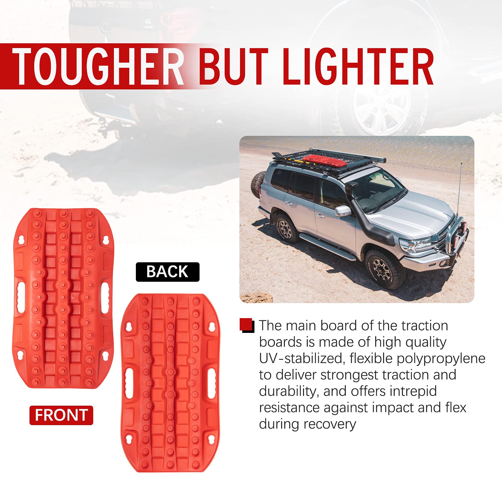 Bunker Indust Off Road Traction Boads, 2 Pcs Short Recovery Track Traction Mats For 4Wd Mud, Sand, Snow Ramps-Red Tire Traction