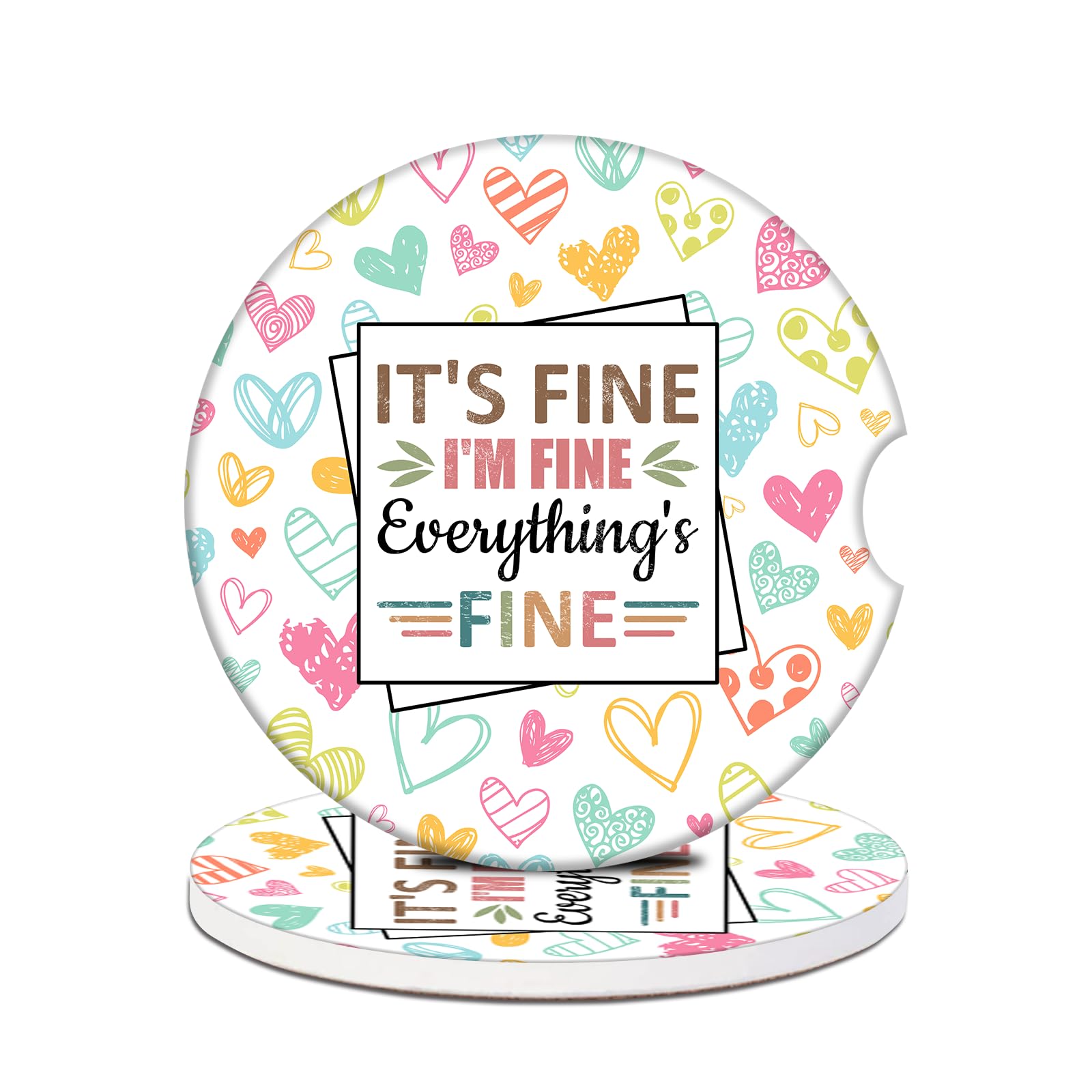 I'm Fine Car Cup Holder Coaster - Colorful Heart Absorbent Ceramic Coaster, Car Coasters for Cup Holders, Auto Accessories for W