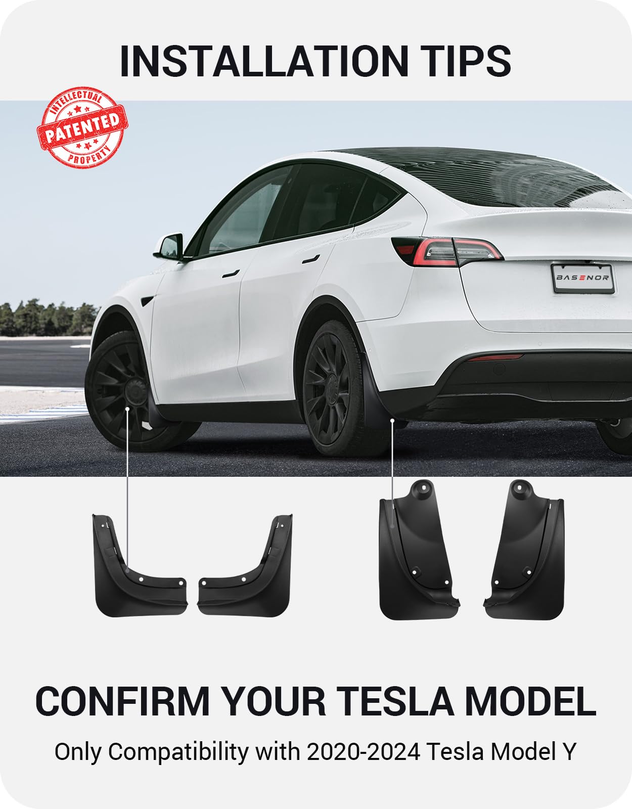 Basenor 2024 Upgraded Tesla Model Y Mud Flaps Splash Guards Vehicle Sediment Protection No Drilling No Tape Mudflaps Tire Protec