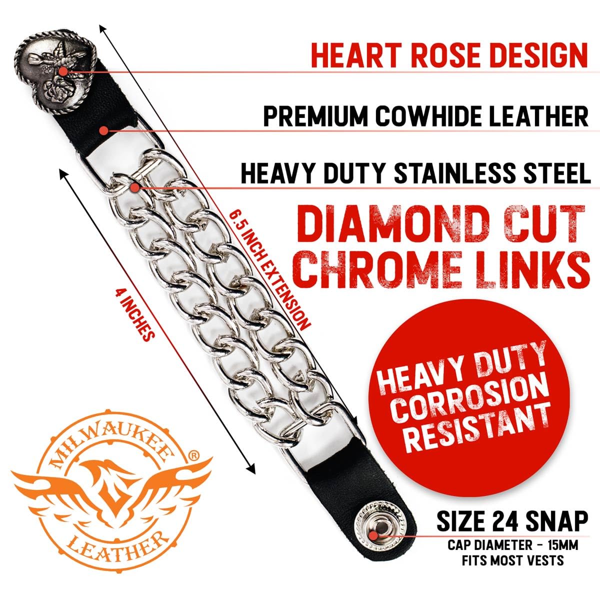 Milwaukee Leather Heart Rose Medallion Vest Extender - Double Chrome Chains Genuine Leather 6.5'' Extension 4-PCS MLA6013SET - 4