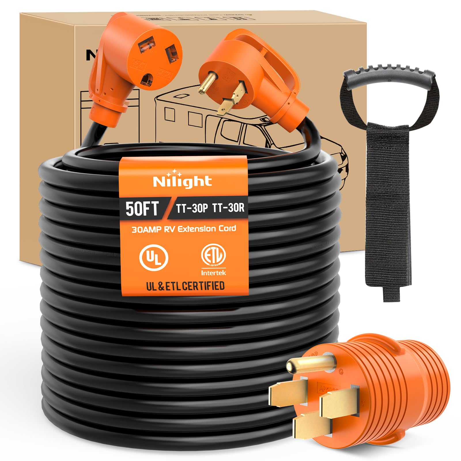 Nilight 50Ft 30 Amp Rv Extension Cord With Adapter 50Amp To 30Amp 125V Heavy Duty 10/3 Gauge Pure Copper Stw Wire Ul Etl Listed