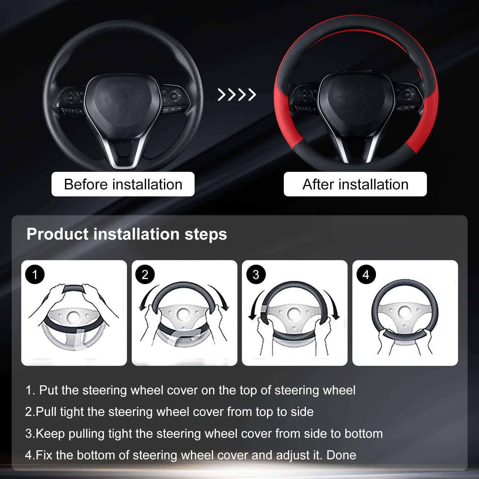 Follicomfy Auto Car Leather Steering Wheel Cover Anti Slip Wrap 15 '' (Red)