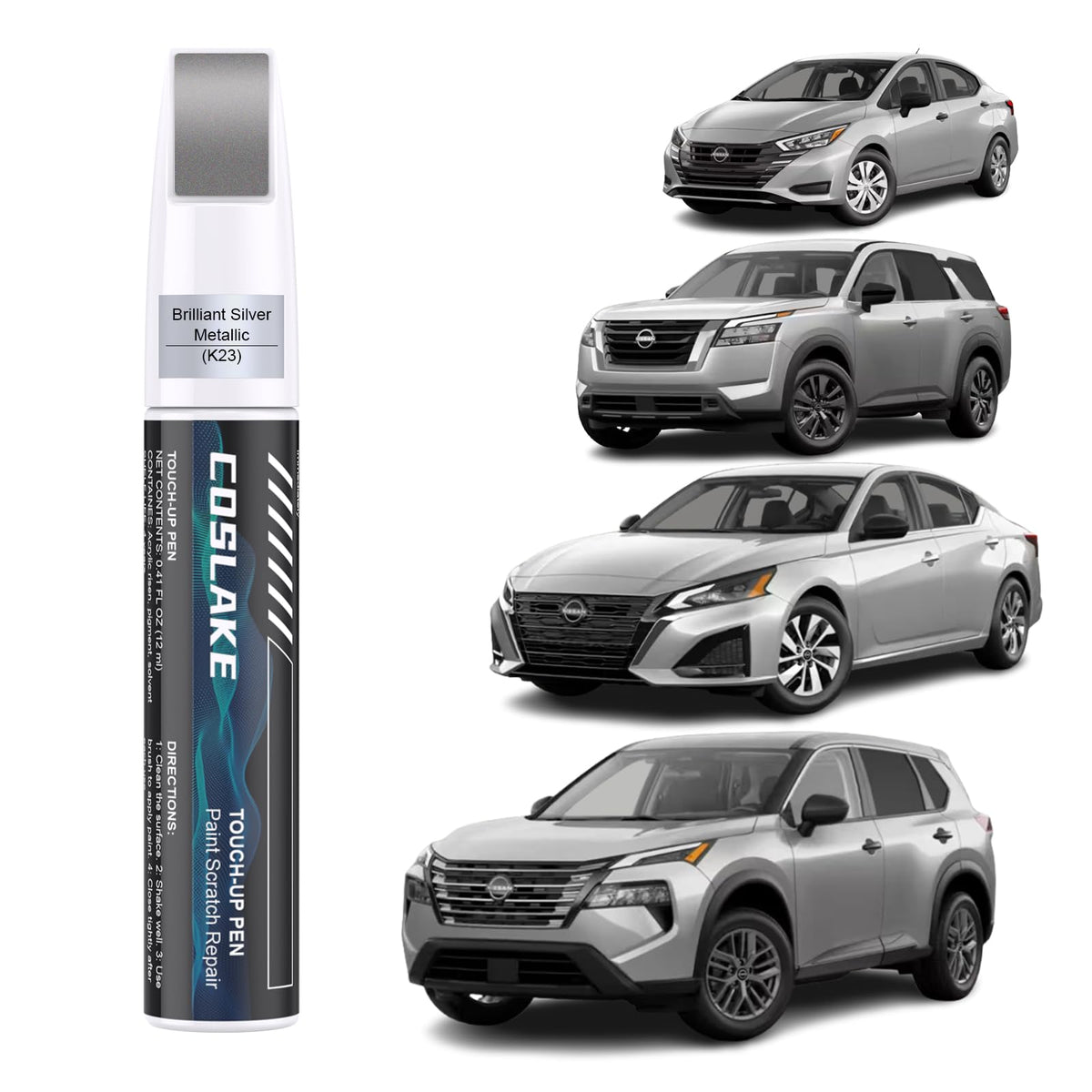 COSLAKE Car Touch Up Paint(Brilliant Silver Metallic(K23)) for Nissan, Car Paint Scratch Repair Kit, Quick & Easy Solution to Re