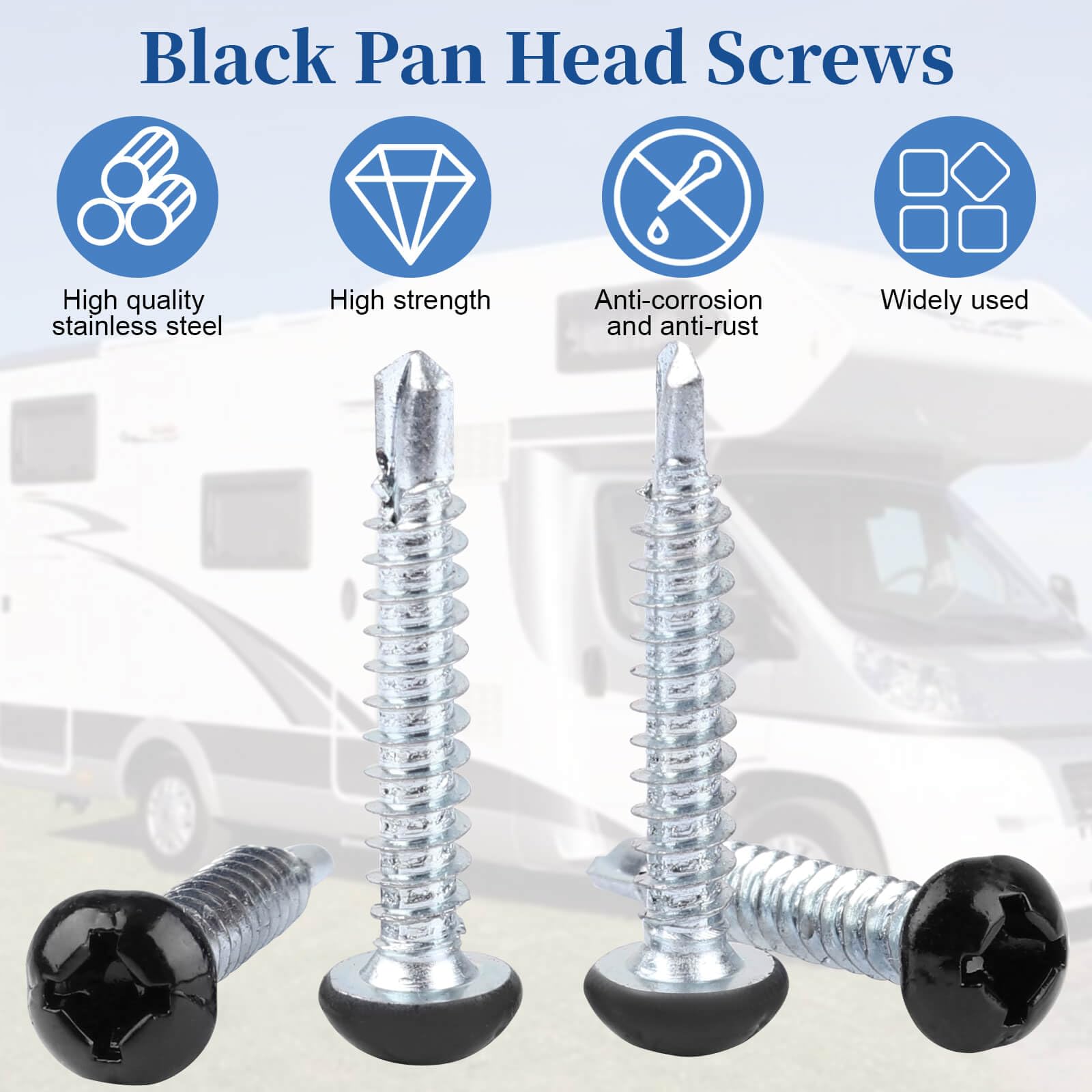 Pan Head Metal RV Screws Black #8 X 5/8 for Quad Drive Self Tapping Drill RV Interior and Exterior Enclosed Trailer Repair Scr