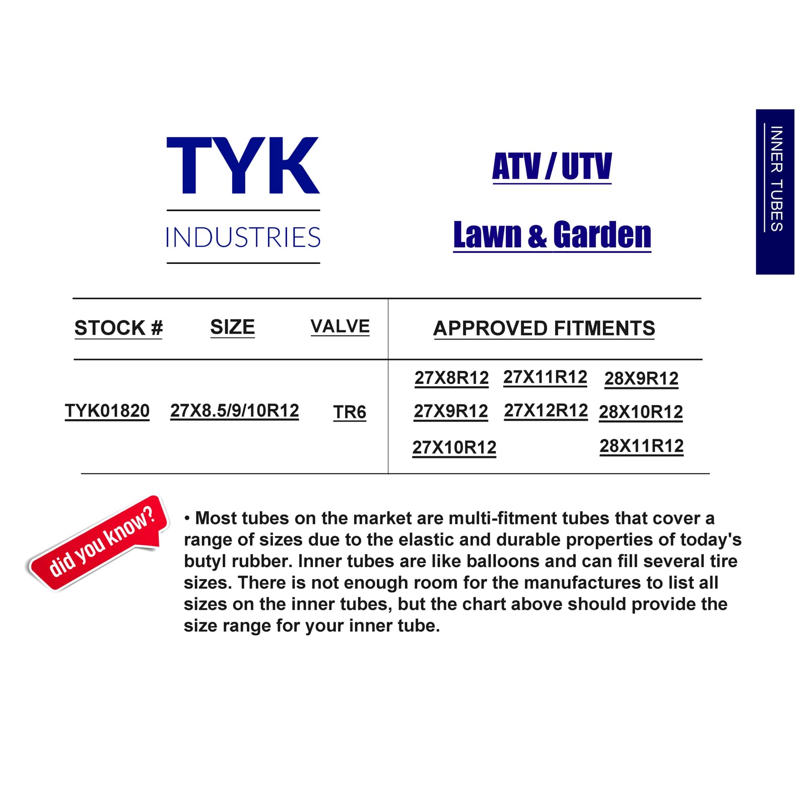 Two TYK 27x11-12, 28x11-12 ATV UTV Tire Inner Tubes with TR6 Metal Valve Stems