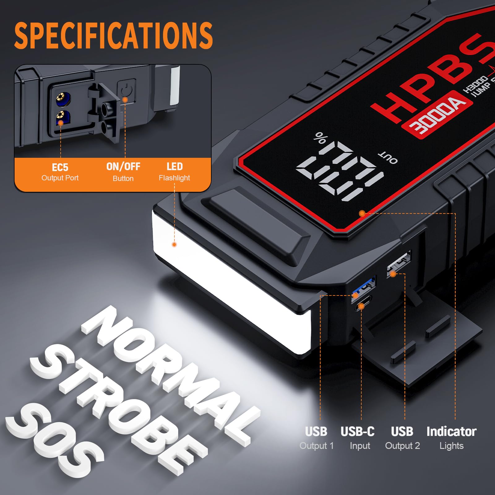 Hpbs Jump Starter - 3000A Car Battery Jump Starter For Up To 10L Gas And 8L Diesel Engines, 12V Portable Battery Jump Starter Bo