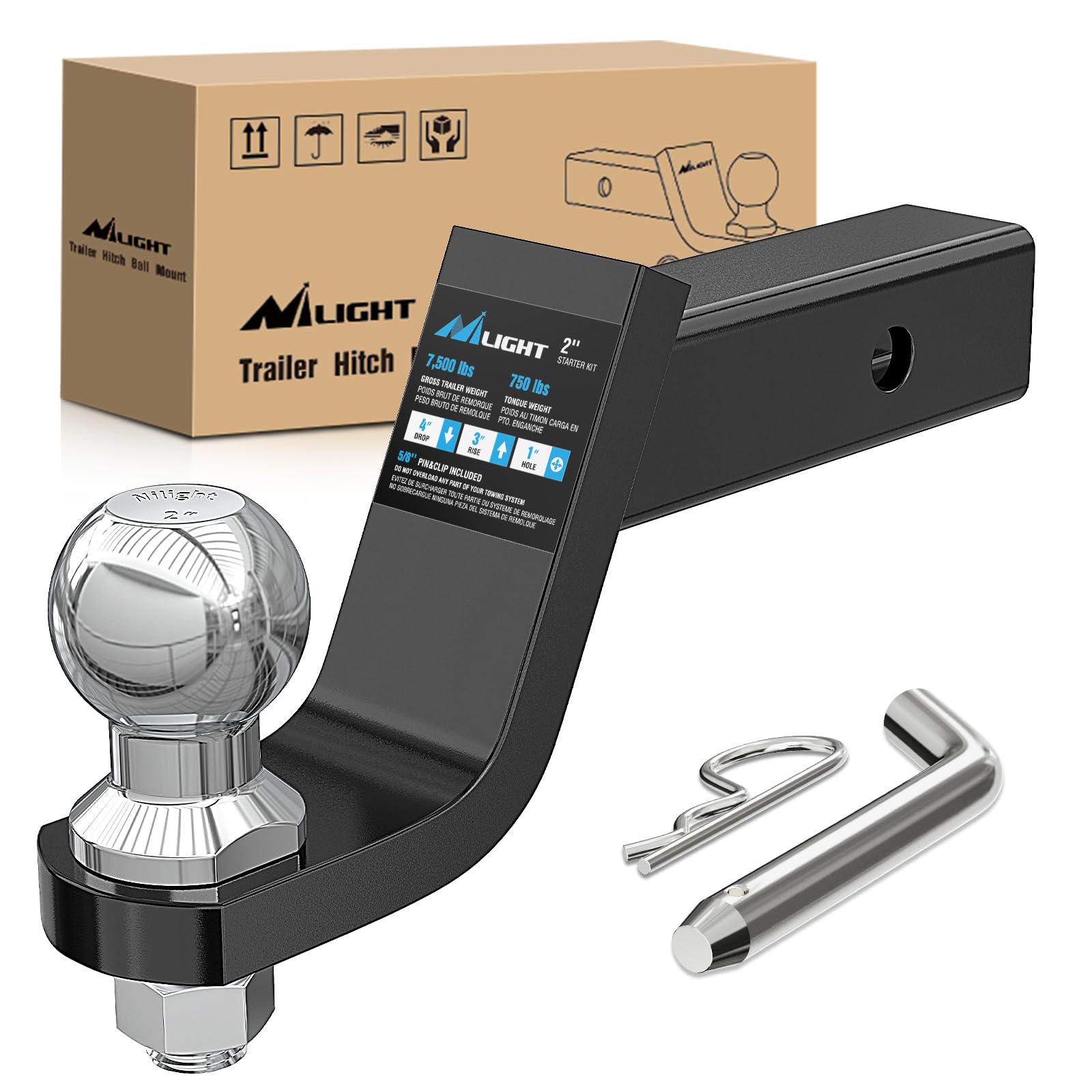 Nilight Trailer Hitch Ball Mount With 2-Inch Trailer Ball & 5/8'' Hitch Pin Clip Fits 2-Inch Receiver 7500 Lbs 4'' Drop,2 Years